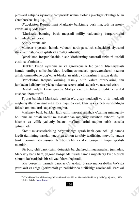 biznes yuzasidan maslahat beradi va hokazo. bank ishi pul olamida bo‘ladigan biznesdir. bank biznesi foyda topish maqsadida yuritiladi. markaziy bankning monopollik mavqei uning mamlakatdagi pul va pirovard natijada iqtisodiy barqarorlik uchun alohida javobgar ekanligi bilan chambarchas bog‘liq. o‘zbekiston respublikasi markaziy bankining bosh maqsadi va asosiy vazifalari quyidagilar: “markaziy banning bosh maqsadi milliy valutaning barqarorligini ta’minlashdan iborat. asosiy vazifalari: monetar siyosatni hamda valutani tartibga solish sohasidagi siyosatni shakllantirish, qabul qilish va amalga oshirish; qzbekiston respublikasida hisob-kitoblarning samarali tizimini tashkil etish va ta’minlash; banklar, kredit uyushmalari va garovxonalar faoliyatini litsenziyalash hamda tartibga solish,banklar, kredituyushmalari, garovxonalarni nazorat qilish, qimmatbaho qog‘ozlar blankalari ishlab chiqarishni litsenziyalash; o‘zbekiston respublikasining rasmiy oltin valuta rezervlarini, shu jumladan kelishuv bo‘yicha hukumat rezervlarini saqlash va tasarruf etish; davlat budjeti kassa ijrosini moliya vazirligi bilan birgalikda tashkil etishdan iboratdir”83 . tijorat banklari markaziy bankda o‘z qisqa muddatli va o‘rta muddatli majburiyatlaridan muayyan foiz hajmida eng kam zaxira deb yuritiladigan foizsiz omonatlarni …