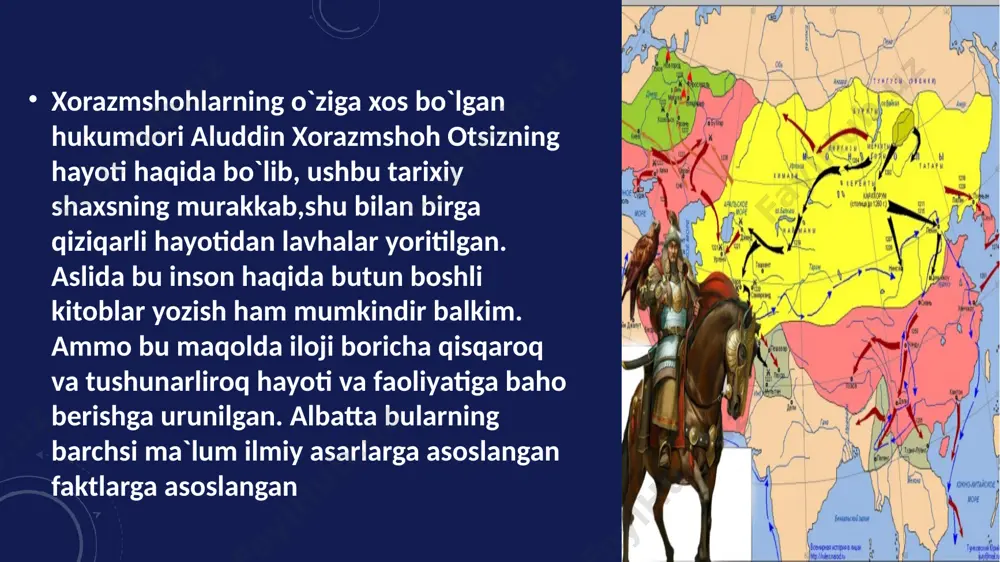 urashgan jadidlarning, yurt fidoiylarining taqdiri bunga yaqqol misol. xoramshoh otsiz hayotida ham xuddi shunday adolatsizliklar mavjud. ulardan eng muhimi xorazmshohlar mustaqilligi yo`lida 18 yillik kurashi(1138-1156-yillar) davomida kechgan zahmatlari(farzandidan ayrilishi,bir necha marotaba sulton sanjarga bosh egishga majbur bo`lishi, turli mag`lubiyatlar va g`alabalar)uchun unga davlatinining mustaqilligi,kuchayishi,tarqqiyotini ko`rish nasib etmadi ko`pchilik xotazmshohlar davlatini o`rganishni 1-o`rinda sulola asoschisi qutbiddin muhammad davridan o`rganish kerak deyishi yoki sulolaning asl mustaqilligini va qudratini ta`minlagan sulton takash davridan boshlash kerak deyishi mumkin. ammo menimcha xorazmshohlar tarixini o`rganishda,uning saljuqiylar qaramligidan qanday mustaqillik tomon qadam qoyib borganligi, qudratli davlatga aylanganligini bilish uchun albatta otsiz va uning hukumronligini o`rganishi tadqiq etishi shart va lozim. chunki qudratli va mustaqil xoramshohlar davlatiga tamal toshini qoyib ketdi va keyingi avlodlari uchun buyuk davlat qurish uni rivojlantirish uchun zamin tayyorladi. xulosa qilib aytganda otsiz buyuk davlatga asos solgan ajdodlariga namuna bo`ldi, yo`l ko`rsatdi, imkoniyat yarat xulosa: men xulosamni tarix fanlari doktori,professor ashraf ahmadning “dunyo o`ta …