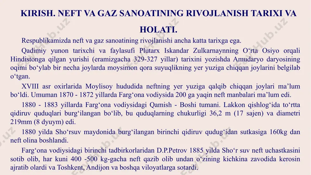 h, quduqlarni burg‘ilash, konlarni ishlatish, neft, gaz va neft mahsulotlarini yig‘ish va quvurlar orqali uzatish, neft va gazni qayta ishlash, yer osti gaz omborlari va sanoatimizdagi qurilish ishlari bilan shug‘ullanadigan yirik birlashma va boshqarmalarning ishi “o‘zbekneftegaz” milliy xolding kompaniyasi tomonidan boshqariladi. 8 o‘zbekistondagi neft va gazli regionlar 9 farg’ona neft gazli regioni janubiy g’arbiy hisor neft gazli regioni surxondaryo neft gazli regioni buxoro-xiva neft gazli regioni usyurt neft gazli regioni buxoro xiva neft-gazli regioni, bu joyda barcha zahiralarning 66,9% joylashgan; farg’ona neft-gazli regioni unda zahiralarning 17,5% joylashgandir. janubiy g’arbiy-hisor neft-gazli regioni, uning zahirasi 5,7% ni tashkil etadi; surxondaryo neft-gazli regioni, uning bag’rida 7,0% zahira mavjud; ustyurt neft-gazli regioni, u yerda zahiralarning 3,2% joylashgan, lekin istiqboli juda yuksak; 10 11 vi 12 neft va gaz va sanoatining iqtisodiyotdagi o‘rni neft-gaz sanoati mamlakatimiz iqtisodiyotining yetakchi tarmoqlaridan. o‘zbekiston dunyo mamlakatlari orasida tabiiy gaz qazib olish bo‘yicha yetakchi o‘rinlardan birida turadi. istiqlol yillarida mamlakatimiz …