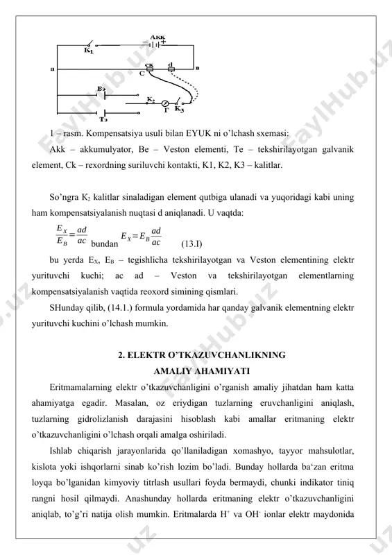 ’tkazuvchanligi quyidagicha bo’ladi: = lk + la = 42,6 + 65,3 = 107,9 agar eritmaga yana ishqor qo’shilsa, elektr o’tkazuvchanligi ortib boradi. bundan ko’rinadiki, to’liq neytrallash vaqtida eritmaning elektr o’tkazuvchanligi eng kichik qiymatda bo’ladi. bu usulda titrlash uchun indikator sifatida eritmaning elektr o’tkazuvchanligidan foydalaniladi. shu kabi, titrlash usuli konduktometrik titrlash deyiladi. 3. elektrkimyoviy korroziya metallar havo, tuz, suv, kislota va ishqor eritmalari ta‘sirida yemiriladi. metallarning, umuman, turli moddalarning tashqi muhit bilan kimyoviy yoki elektr kimyoviy ta‘sirlanishi natijasida buzilishi va yemirilishiga korroziya deyiladi. korroziya xalq xo’jaligiga juda katta zarar yetkazadi. korroziya fizikaviy va kimyoviy tabiatiga ko’ra ikki xil bo’ladi: kimyoviy korrolziya va elektr kimyoviy korroziya. kimyoviy korroziya yuqori haroratda metallga elektrolit suyuqlik – gazlar ta‘sir qilganda kimyoviy reaksiya natijasida sodir bo’ladi. yuqori haroratda temirning havoda zanglashi bunga misol bo’la oladi. lekin, past haroratda yuqori tezlikda amalga oshadigan elektr kimyoviy korroziyalar ham mavjud, bunday korroziya xalq xo’jaligiga ayniqsa ko’p zarar yetkazadi. elektrkimyovyi …