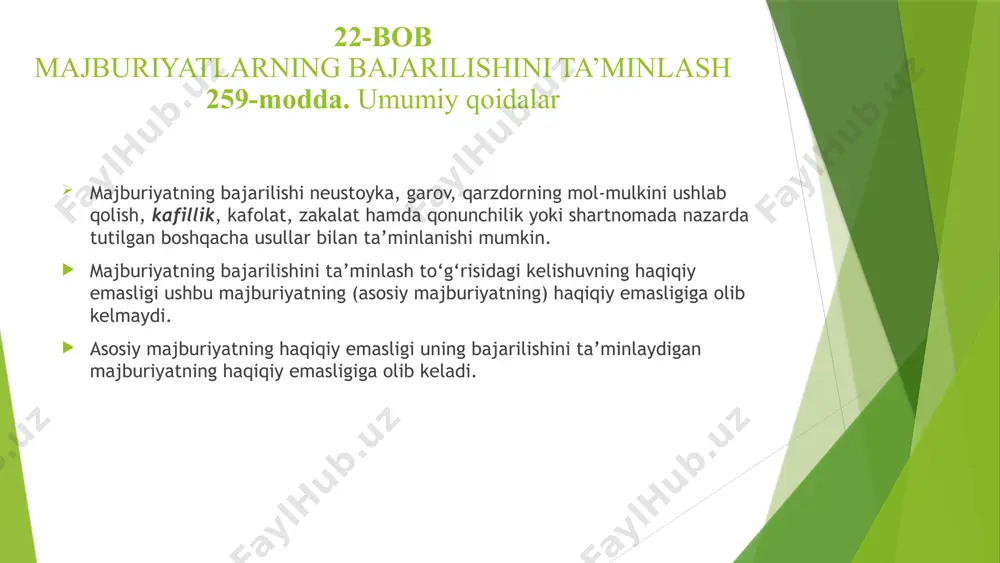 avozimi va f.i.sh ikkinchi tomondan, hamda bundan buyon matnda “qarzdor” deb yuritiluvchi qarzdor tashkilot nomi va tashkiliy huquqiy shakli nomidan nizom asosida ish yurituvchi qarzdor nomidan ish olib borishga vakolat berilgan shaxsning lavozimi va f.i.sh uchinchi tomondan quyidagilar haqida ushbu shartnomani imzoladilar. 1. shartnoma predmeti 1.1. ushbu shartnomaga muvofiq kafil kreditor va qarzdor oʻrtasida kreditor va qarzdor o‘rtasida shartnoma tuzilgan sana kuni tuzilgan kreditor va qarzdor o‘rtasida tuzilgan shartnoma raqami-son kredit shartnomasi boʻyicha qarzdorning barcha majburiyatlari, shuningdek kelgusida vujudga kelishi mumkin majburiyatlari boʻyicha kreditor oldida javob berish majburiyatini oʻz zimmasiga oladi. 2. kafillik bilan taʼminlangan majburiyatlar 2.1. ushbu shartnoma boʻyicha kafillik bilan taʼminlangan majburiyatlar asosi boʻlib, kreditor va qarzdor oʻrtasida kreditor va qarzdor o‘rtasida shartnoma tuzilgan sana kuni quyidagi shartlar asosida tuzilgan kreditor va qarzdor o‘rtasida tuzilgan shartnoma raqami-son kredit shartnomasi hisoblanadi: -kredit maqsadi: kredit shartnomasiga ko‘ra kredit maqsadi. -kredit summasi kredit summasi. -kredit muddati kredit muddati. -kredit boʻyicha foiz …