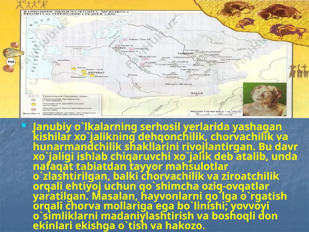 mumiyligi urug` mulkchiligi, asosiy xususiyatlardan hisoblangan. neolit davri yer kurrasining barcha mintaqalarida har xil vaqtda sodir bo`ldi. masalan, bir qit`a aholisi jamiyat taraqqiyotining quldorlik davriga to`g`ri kelgan bo`lsa, ikkinchi mintaqada endigina dehqonchilik va chorvachilik xo`jaliklari kashf etilib, ibtidoiy jamoalar tabiatning tayyor mahsulotlari hisobiga yashash qulligidan ozod edilar. boshqa bir mintaqalarda esa hali neolit jamoalari ovchilik va terimchilik bilan shug`ullanar edilar. o`rta osiyoda ham ibtidoiy jamoa rivojining keyingi ikki ko`rinishi mavjud. janubi-g`arbiy rayonlarida, hozirgi turkmaniston respublikasining kopetdog` tog`i oldi hududlarida neolit davri odamlari miloddan avvalgi vi ming yillikning oxirlari va v ming yillikkning boshlaridayoq ilk dehqonchilik madaniyati bilan band bo`lgan bo`lsalar, markaziy va shimoliy viloyatlarda bu vaqtda odamlar ovchilik va baliqchilik bilan shug`ullanar edilar. neolit davri jamoasining bunday mintaqalararo rivojlanishi har bir viloyatning mavjud tabiiy iqlim sharoitlaridan kelib chiqar edi. o`rta osiyoda neolit davri yodgorliklari juda keng tarqalgan. ular tekisliklardagina emas, balki o`rta osiyo tog`lik rayonlarida ham ko`p uchraydi. o`lkaning neolit …
