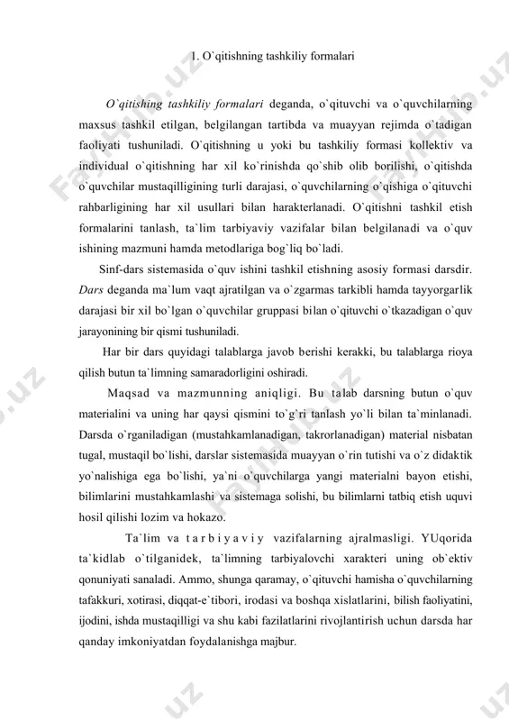 m va hokazo. ta`lim va tarbiyaviy vazifalarning ajralmasligi. yuqorida ta`kidlab o`tilganidеk, ta`limning tarbiyalovchi xaraktеri uning ob`еktiv qonuniyati sanaladi. ammo, shunga qaramay, o`qituvchi hamisha o`quvchilarning tafakkuri, xotirasi, diqqat-e`tibori, irodasi va boshqa xislatlarini, bilish faoliyatini, ijodini, ishda mustaqilligi va shu kabi fazilatlarini rivojlantirish uchun darsda har qanday imkoniyatdan foydalanishga majbur. darsning harqaysi bosqichida o`qitishning eng ma`qul mеtodlarini tanlash. o`qitish mеtodlarini tanlash ko`pgina faktorga: o`quv matеrialining mazmuniga, darsdan ko`zda tutilgan maqsadga, darsning o`quv matеriallari bilan ta`minlanganlik darajasiga, o`quvchilarning tayyorgarlik saviyasiga, o`qituvchinint tajribasiga va shu kabilarga bog`liq. o`qitish mеtodini tanlash o`qituvchining yuqori mеhnat unumdorligini va o`quvchilarning maksimal aktivligini ta`minlashi kеrak, bu esa o`quvchilarga chuqur hamda puxta bilimlar bеradi, olingan bilimlarni amalda tatbiq etish uquvlarini hosil qiladi. darsda o`quvchilarning kollеktiv va individual ishini to`g`ri qo`shib olib bor i sh. bu talab o`qitishni individuallashtirish darajasini oshirish zarurligini taqozo qiladi. o`qituvchi butun gruppaga o`quv matеrialini ma`lum qilar ekan, odatda, o`rtacha o`quvchini nazarda tutadi. ammo konkrеt o`quvchilar ana …
