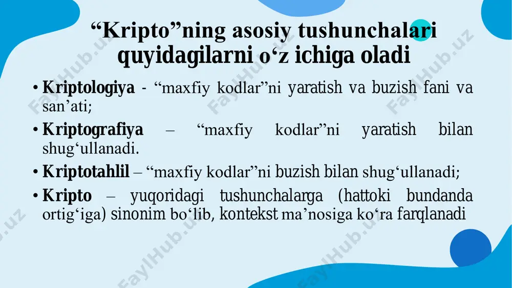 a oshirish tartibi bilan farq qilib, foydalanilayotgan tizim xususiyatidan kelib chiqqan holda tanlanadi. • simmetrik kriptotizimlarning ishlashi bilan tanishishda quyidagi belgilanishlarni aniqlab olamiz: • − ochiq matn 𝑃𝑃 ni simmetrik kalit 𝐾𝐾 bilan shifrlash: 𝐶𝐶 = 𝐸𝐸(𝑃𝑃,𝐾𝐾); − shifrmatn 𝐶𝐶 ni simmetrik kalit 𝐾𝐾 bilan deshifrlash: 𝑀𝑀 = 𝐷𝐷(𝐶𝐶,𝐾𝐾). bu yerda, 𝐸𝐸() va 𝐷𝐷() lar mos ravishda simmetrik kriptotizimdagi shifrlash va deshifrlash funksiyalari. •oas (on-access scan): — ochiq tarmoqlarda vaqti-vaqti bilan o‘tkaziladigan skanerlar orqali aniqlangan tahdidlar soni. •ods (on-demand scan): — foydalanuvchi yoki tizimning talabiga binoan bajarilgan skaner orqali aniqlangan tahdidlar soni. •mav (mail anti-virus): — elektron pochta orqali tarqalgan zararli dasturlar soni. •wav (web anti-virus): — veb-sahifalarda aniqlangan zararli dasturlar soni. •ids (intrusion detection system): — tarmoqqa kiritilgan yoki tarmoqda aniqlangan kiruvchi hujumlar soni. •vul (vulnerability): — tizimdagi aniqlangan zaifliklar soni. •kas: — kasperskiyning himoya tizimlari tomonidan aniqlangan tahdidlar soni. •bad: — xavfli dasturlar bilan bog'liq holatlar. •rnm: — …