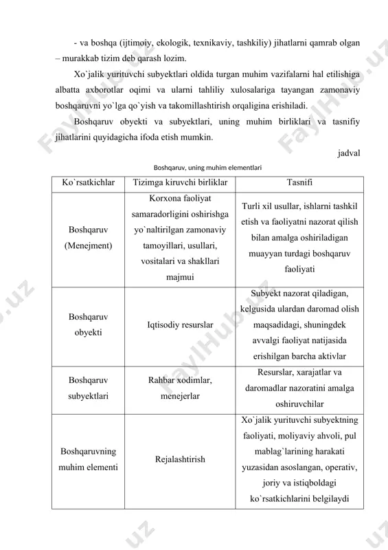 ifalar qo`yiladi va ularni hal etish orqali quyi bo`g`in hisoblangan xo`jalik yurituvchi subyektlarning moliya-xo`jalik faoliyatining tashxisi qo`yiladi. xo`jalik yurituvchi subyektlar faoliyatini o`rganish va tahlil etish orqali ularning samarali faoliyatini yo`lga qo`yish va uni o`stirish imkoniyatlarini baholashda, korxona ishlab chiqarish, tijorat va moliya faoliyatidan moliyaviy resurslarning kirimiga va ulardan moliyaviy holatni o`stirishda foydalanish darajalariga, raqobatdoshlik, moliyaviy natijalarni kutilishini prognozlash va iqtisodiy rentabellikni xo`jalik faoliyatining real imkoniyatlaridan kelib chiqqan holda oshirishning yo`llarini belgilashga, moliyaviy resurslardan yanada samarali foydalanishning chora-tadbirlarini belgilashga ahamiyat qaratiladi. moliyaviy raqobatdoshlikka va to`g`ri moliyaviy siyosatni yuritishga korxona foydasini maksimallashtirish, kapital tarkibini optimallashtirish va uning moliyaviy barqarorligini ta`minlash, mulkdorlar (qatnashchilar, ta`sischilar), investorlar va kreditorlar uchun moliyaviy holatning jozibadorligini oshirish, korxona boshqaruvi yuzasidan samarali mexanizmni shakllantirish, shuningdek, moliyaviy resurslarni jalb etishda bozor mexanizmining barcha imkoniyatlaridan foydalanish orqaligina erishish mumkin. o`z navbatida, iqtisodiyot subyektlari faoliyatidagi erkinlik, natijaga egalik, rivojlanish va taraqqiyotning yangicha mazmuni boshqaruvning butun bir tizimini ham takomillashtirishni talab etmoqda. bugungi …