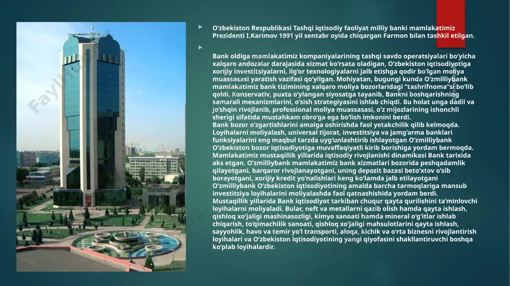 da mineral o‘g‘itlar ishlab chiqarish, to‘qimachilik sanoati, qishloq xo‘jaligi mahsulotlarini qayta ishlash, sayyohlik, havo va temir yo‘l transporti, aloqa, kichik va o‘rta biznesni rivojlantirish loyihalari va o‘zbekiston iqtisodiyotining yangi qiyofasini shakllantiruvchi boshqa ko‘plab loyihalardir. www.arxiv.uz temuriylar tarixi davlat muzeyi — toshkentdagi amir temur xiyoboni yaqinida bunyod etilgan tarix muzeyi (1996). muzey binosi oʻrta asr meʼmorligi anʼanalari asosida aylana tarxli, tomi gumbazli qilib, maxsus temirbetondan yaxlit supa ustiga qurilgan. bino 3 qavatli, bal. 31 m (diametri — tashqi tomoni 70 m, ichkisi 50 m), uni qurishda temir ustun, gʻisht, turli beton blok va yengil tayyorlangan sunʼiy qurilish uskunalari qoʻllanilgan. devor yuzasini pardozlashda ganch, marmar va sopol koshinlar ishlatilgan. qurilishda toshkent sh. hokimiyati, "turon" firmasi, toshkent aviatsiya ishlab chiqarish. birlashmasi, "oniks" korxonasi (30 dan ortiq kattakichik hajmdagi billur qandillar, 500 ta yoritgichli, ogʻirligi 2 t, bal. 8 m "zumrad" qandil ishlab bergan), "us to" birlashmasi qatnashgan. muzeyga marmar zinalar orqali bosh tarzi …