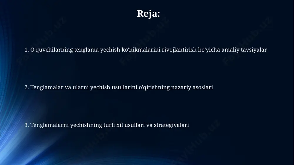 kisligida chizilgan ikkita to'g'ri chiziqning kesishish nuqtasini topish orqali, x ning qiymatini aniqlashga imkon beradi. toshkentdagi matematika olimpiadalarida, 15 yoshgacha bo'lgan ishtirokchilarga, murakkab tenglamalarni grafik usulda yechish bo'yicha 3 ta muammo taklif qilinishi mumkin, bunda tenglamalar chiziqli va kvadrat bo'lishi mumkin. yuqori darajali tenglamalar kub tenglamalarni (3-daraja) yechishda cardano formulasidan foydalanish, andijon viloyatida o'tkazilgan matematika olimpiadasida 15 ta ishtirokchidan 7 nafari shu usuldan foydalangan. ikkinchi darajali tenglamalarni diskriminant yordamida yechish usuli, xususan, d=b²-4ac formulasidan foydalanish, samarqanddagi 2-litskeyda 11-sinf o'quvchilariga murakkab misollar orqali tushuntiriladi. tenglama turlari trigonometrik tenglamalar, masalan, sin x = 0.5, davriy funksiyalar xususiyatlarini 11-sinf matematikasi dasturi doirasida buxoroda ham o'rgatiladi va ularning umumiy yechimlarini topish usullari batafsil ko'rib chiqiladi. kvadrat tenglama (ax² + bx + c = 0) yechimlari, diskriminant (d = b² - 4ac) qiymatiga bog'liq bo'lib, samarqanddagi oliy o'quv yurtlarida murakkab misollar bilan 2-darajali tenglamalarni chuqurroq o'rganiladi. lineer tenglamalarni yechish usullari chiziqli tenglamalarni yechishda, masalan, 2x …