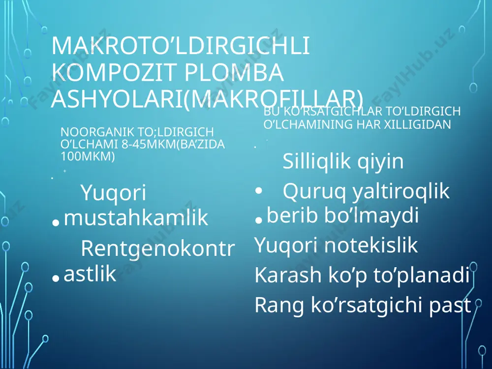 tib, kon’yuktivit va to’r pardaning zararlanishini keltirib chiqaradi. agarda xona devorlari yaltiroq bo'lsa va kafel, yoki lakli kraskalar bilan qoplanganda, ular nurni qaytarish xususiyatiga egadir. shuning uchun, xonaning devorlari shunday ashyo bilan qoplash lozimki, u xam sanitariya talablariga javob berishi, xam polimerlovchi lampa ta’sirini aks ettirmasligi kerak. vrach o'z ko'z faoliyatini tiklashi uchun va fotopolimer lampa bilan ishlaganda, xar 3-4 daqiqada yashil narsaga qarab turishi lozim. tish qattiq to'qimasini qayta tiklash, ya’ni restavratsiya qilish ko'p bosqichli va qiyin jarayondir. agarda avval tishni plombalash uchun 15-20 daqiqa vaqt sarflangan bo'lsa, xozirda bir tish to'qimasini qayta tiklash uchun 1-2 soat xam etarli emasdir. shuning uchun bir ish kunida (6 soat mobaynida) 1-2ta bemor qabul qilinib, bir jag' qatorida 4dan-6gacha tishni qayta tiklash mumkin. bu esa ba’zi stomatologik ashyolarni (qulqoplar, maska, salfetka, so'lak yutgich, dezinfeksiyalovchi moddalar, ximoya vositalari va boshqalarni) tejalishiga olib keladi. bunday sharoitda shifokor-stomatolog assistent bilan ishlashi ma’qulroqdir, chunki ancha vaqt …