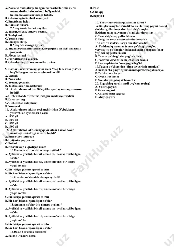 991-yil 29-dekabrda bo`lib o`tgan o`zbekiston respublikasi prezidenti saylovida kimlar o`z ovozini qo`ydi? a.i.karimov va salay madaminov b.i.karimov va a.jalolov c.i.karimov va e.xalilov d.i.karimov va a.komilov 14. 1991-yil 31-avgustda bo`lib o`tgan nechanchi sessiyada davlat mustaqilligi e`lon qilindi? a.ikkinchi b.to`rtinchi c.sakkizinchi d.oltinchi 15. 1991-yil aprelda kiyevda bo`lib o`tgan uchrashuvda qaysi davlat rahbarlari qatnashdi? 1.ukraina 2.moldova 3.rossiya 4.armaniston 5.belarus 6.o`zbekiston 7.qozog`iston a.1,3,5,6,7 b.1,2,5,7 c.1.3.4.6 d.1,2,3,4,5,6,7 16.1992-yil boboraxim mashrab tavalludining necha yilligi nishonlandi? a.360 yilligi b.400 yilligi c.410 yilligi d.350 yilligi 17. 1992-yil respublikamiz qaysi shaharlarda milliy kurash bo’yicha xalqaro musobaqa o’tkazilgan? a.termiz va shahrisabz b.termiz va qarshi c.buxoro va termiz d.termiz va toshkent 18. 1993-1994-yillarda o`zbekistonning necha foiz fuqarosi xususiy mulk egasiga aylandi? a.98 foiz b.92 foiz c.95 foiz d.88 foiz 19. 1993-y 23-aprelda yurtboshimiz i.a.karimov bir guruh adiblar bilan suhbat qurib, qanday zaruratni asoslab bergan? a.o’zbekistonning yangi tarixini yaratish b.lotin yozuviga asoslangan o’zbek alifbosini joriy etish c."davlat tili to’g’risida"gi qonunni yangi tahrirda …