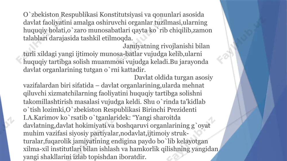 shqaruv jarayonida davlat organlarining iqtisodiyot, ijtimoiy madaniy va ma'muriy-siyosiy qurilishga rahbarlik qilish singari faoliyati amalga oshiriladi.qonuniylikka rioya qilish – mazkur tizim oldida turgan vazifa va funksiyalarning samarali amalga oshirilishini belgilab beruvchi asosiy vosita hisoblanadi; ikkinchidan,boshqaruv subyektlari o`zlarining funksiyalari va vakolatlarini amalga oshirish orqali huquqni qo`llash faoliyatini olib boradilar.bu boshqaruv qarorlarini ishlab chiqish va qabul qilish bilan bog`liqdir; uchinchidan,boshqaruv faoliyati ko`pgina subyektlar (ijro hokimi-yati organlari,mansabdor shaxslar va boshqalar)tomonidan amalga oshiriladi.ular fuqarolar bilan,turli xildagi tashkilotlar bilan muno-sabatga kirishadi.aynan ularning qonunga rioya qilishi va o`zlariga yuklatilgan vazifa va funksiyalarni aniq va to`g`ri ijro etishi, jamiyat hayotiga o`z ta'sirini ko`rsatadi; to`rtinchidan,boshqaruv organlari jamiyat hayotining turli sohala-rini qamrab oluvchi huquq ijodkorligi faoliyatini amalga oshiradilar. davlat boshqaruvi organlari tomonidan normativ hujjatlarning qabul qilinishi,birinchi navbatda qonuniylikka asoslanadi.davlat organlari huquq ijodkorligi faoliyatining qonun doirasida olib bori-lishi,ular kafolatini mustahkamlaydi; beshinchidan,boshqaruv organlari ma'muriy majburlov choralarini qo`llash sohasida keng vakolatlarga egadir.davlat organlari ma’mu-riy yurisdiksiyani amalga oshira borib,vujudga kelgan nizolarni mus-taqil hal …