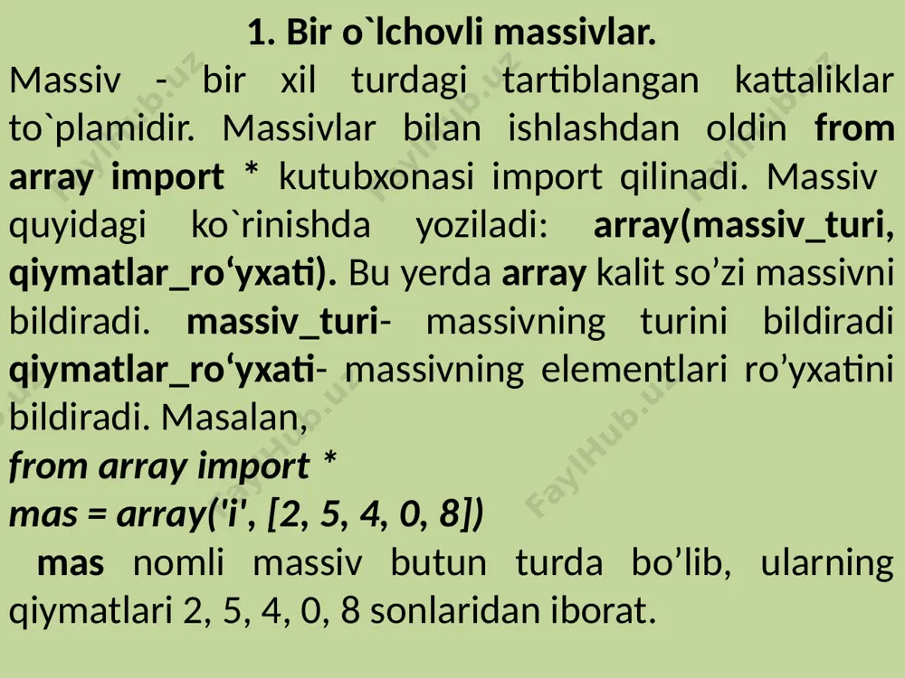 from array import * massiv = array('i', [2, 5, 4, 0, 8]) print(massiv.index(8)) natija: 4 append() – metodi massivning oxiriga yangi element qo‘shish uchun foydalaniladi. from array import * massiv = array('i', [1,2,3,4,5]) massiv.append(9) print(massiv) natija: array('i', [1,2,3,4,5,9]) array.remove(х) - massivdan x elementini o‘chirish. ushbu metod ro‘yxatdagi birinchi uchragan x elementini o‘chiradi. agar bunday element ro‘yxatda mavjud bo‘lmasa valueerror istisno holati ro‘y beradi. from array import * massiv = array('i', [1,2,3,4,5]) massiv.remove(3) print(massiv) natija: array('i', [1,2,4,5]) array.reverse() - massiv elementlarini teskari tartibda joylashtirish uchun qo‘llaniladi . bundan tashqari, python massiv bilan ishlashda qo‘llaniladigan bir nechta standart funksiyalarni ham o‘z ichiga qamrab olgan: massiv = array('i', [1,2,3,4,5]) massiv.reverse() print(massiv) natija: array('i', [5,4,3,2,1])  array.tolist() -massivni ro‘yxatga aylantirish uchun qo‘llaniladi. from array import * massiv = array('i', [1,2,3,4,5]) list=massiv.tolist() print(list) from array import * massiv = array('i', [1,2,3,4,5]) list=massiv.tolist() print(list) natija: [1,2,3,4,5] array.tofile(f) - massivni ochiq faylga yozish uchun ishlatiladi.  array.fromfile(f,n) …