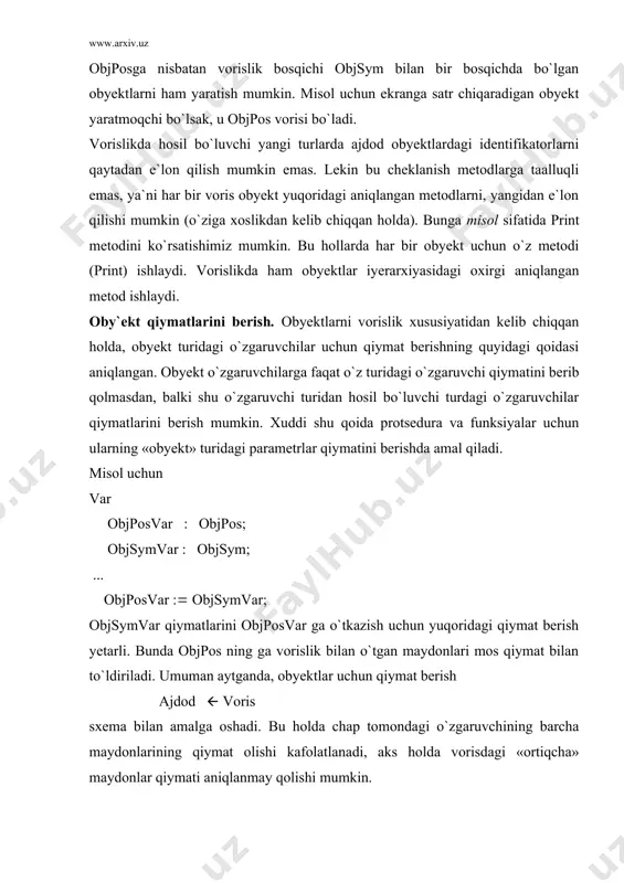 ing bunday muvofiqlashuv xususiyatiga polimorfizm deyiladi. misol tariqasida ekranga belgi yoki satrni chop qiluvchi obyektlarni ko`ramiz. ... biz oldindan barcha obyektlarda print metodini aniqlagan edik. polimorf obyektni aniqlaydigan protsedurada faqat bitta yozuvi bor. lekin tashqi ko`rinishi bo`yicha to`g`ri bo`lsa ham, bu misol to`g`ri ishlamaydi. faktik parametr turi qanday bo`lishiga qaramasdan faqat objpos obyektidagi print ishlaydi, chunki obyektlarda statik metodlar ishlatilgan. statik metodlar. metodlarning bunday ishlanishiga sabab, ularga mos keluvchi ko`rsatgichlar kompilatsiya paytida aniqlanadi. kompilator tomonidan statik metodlar qayta ishlovi xuddi statik o`zgaruvchilar ustida bajariladigan kabi amalga oshiriladi. qandaydir iyerarxiyani hosil qiluvchi obyektlar metodlari ustidagi kompilator bajaradigan ishi quyidagilardan iborat: metod chaqirilishida kompilator shu metodni chaqiruvchi obyekt turini aniqlaydi. tur aniqlangandan keyin kompilator shu obyekt turi chegarasida metodni izlaydi. metodni topgandan keyin unga chaqiruvni amalga oshiradi. agar obyekt turi chegarasida metod topilmasa, kompilator shu turni hosil qilgan bevosita ajdod obyektdan metodni izlaydi va topilgan holda unga bog`lanish o`rnatadi. agar bevosita ajdodda …