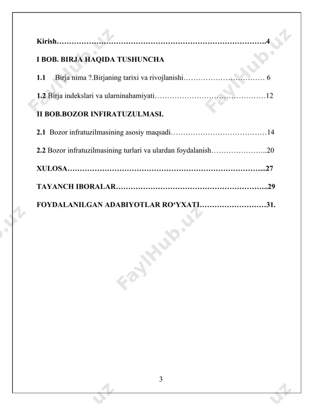 b. birja haqida tushuncha 1.1 birjaning tarixi va rivojlanishi birja soʻzi lotincha va olmoncha soʻzdan kelib chiqqan boʻlib „xamyon“ni bildiradi. qadimda birja soʻzi quyidagi 3 xil voqelikni ifodalash uchun qoʻllanilar edi: 'birja(gollandcha beurs, nem. burse — hamyon) — bozorni uyushtirishning tashkiliy shakli; tovarlar (tovar birjasi), qimmatbaho qogʻozlar (fond birjasi), valyuta (valyuta birjasi) ulgurji savdosi, tovar boʻlgan ish kuchi oldi-sotdisi (mehnat birjasi) bozori. aksariyat hollarda yopiq yoki ochiq aksiyadorlik jamiyati shaklida tashkil etiladi. birjaga birja qoʻmitasi rahbarlik qiladi. uning huzurida kotirovka komissiyasi ish olib boradi. birjada brokerlar, dilerlar, trey^ derlar faoliyat koʻrsatadi. birja va uning shakllari bozor mexanizmining zaruriy infratuzilmasi hisoblanadi. tovar birjasi ommaviy tovarlar (don, paxta, metall va boshqalar)ni standartlar yoki namunalar boʻyicha sotadi. ayrim birjalar faqat bir guruh tovarlar savdosi boʻyicha ixtisoslashadi. kelishuvlar maʼlum muddatlarga tuziladi (aksariyat 6 oy), natijada tomonlar narxlar farqlaridan koʻp narsa yutishi yoki yutkazishi mumkin. birja narxlari haqidagi maʼlumotlar kotirovka shaklida muntazam birja byulletenlarida eʼlon …