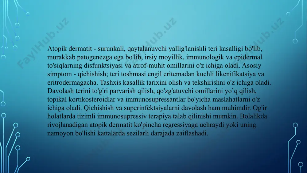 dermografizm (terining oq rangga aylanishiga olib keladigan vazokonstriksiya). tirnalgan reaktsiya) va transepidermal suv yo'qotilishining ko'payishi (ta'sirlanmagan va ta'sirlangan terida). herpetik ekzemagerpes simplex virusi (hsv) keltirib chiqaradigan teri infektsiyasi bo'lib, atopik bo'lmagan dermatit bilan og'rigan bemorlarga qaraganda ko'proq tarqalgan va keng tarqalgan. herpetik ekzema odatda hsv bilan birlamchi infektsiyaning natijasidir, ammo atopik dermatitli bemorlarda takroriy infektsiya tufayli ham paydo bo'lishi mumkin. klinik ko'rinish mavjud yoki yaqinda regressiyalangan ad lezyonlari hududida to'plangan pufakchalar bilan ifodalanadi, ammo sog'lom teriga ham ta'sir qilishi mumkin. bir necha kundan keyin tana harorati ko'tarilishi va limfadenopatiya qo'shilishi mumkin. ba'zida infektsiya tizimli bo'lishi mumkin, va bu holat hayot uchun xavfli bo'lishi mumkin. ba'zida ko'zlar shox pardada og'riqli toshmalar shakllanishi bilan ta'sirlanadi. vaktsinali ekzema chechakka qarshi emlashdan keyin xuddi shunday asorat bo'lib, unda chechak virusining tarqalishi sodir bo'ladi va hayot uchun xavfli bo'lishi mumkin. shuning uchun atopik bemorlar chechakka qarshi emlashni olmasligi kerak. atopik dermatit rivojlanishida epidermal va immunologik …