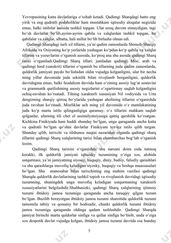 , shuningdek unga muvofiq keladigan ustqurmaning xarakterli xususiyatlarini belgilashdir.shubhasizki, qadimgi sharq xalqlarining ijtimoiy tuzumi ibtidoiy jamoa tuzumiga qaraganda ancha taraqqiy qilgan tuzum bo‘lgan. buzilib borayotgan ibtidoiy jamoa tuzumi sharoitida quldorlik tuzumi tamomila tabiiy va qonuniy bir hodisadir, chunki quldorlik tuzumi ibtidoiy jamoa tuzumiga qaraganda oldinga qadam tashlashdir. qadimgi sharqda jamiyat birinchi marta quldorlar sinfiga va qullar sinfiga bo‘linib, unda o‘ziga xos despotik davlat vujudga kelgan, ibtidoiy jamoa tuzumi davrida esa bunday davlat bo‘lmagan. biroq qadimgi sharq jamiyatining progressiv taraqqiyoti juda sekinlik bilan borgan. quldorlik tuzumi davrida mavjud bo‘lib, shu tuzumga xizmat qilgan tovar ishlab chiqarish rujudga kelishiga va ibtidoiy savdo, asosan ayirboshlash savdosi maydonga kelishiga qaramasdan, qadimgi sharqdagi quldorlik davlatlarida natural xo‘jalik yetakchi rol o‘ynagan. qadimgi sharqdagi katta-katta quldorlik xo‘jaliklarida qullar mehnatidan foydalanishning dastlabki uyushgan formalari paydo bo‘lishi bilan bir qatorda, bu xo‘jaliklarda uy qulchiligi formalari ham saqlanib qolgan. murakkab va keng quloch otgan amaldorlik apparatidan iborat markaziy hokimiyat organlari …