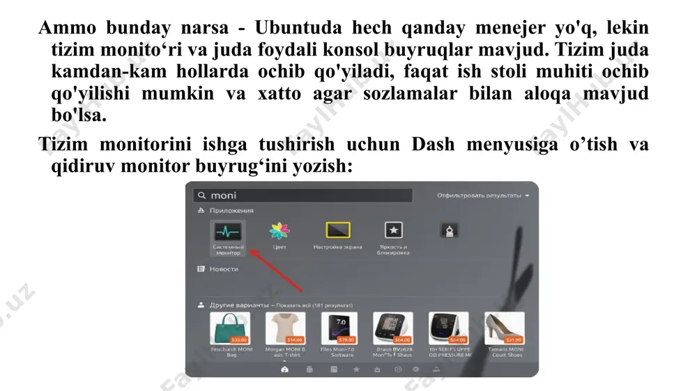essor) ishlatilishi ko‘rsatkich: 21.8% grafik chiziq yordamida oxirgi 60 soniyada protsessor qanday yuklanganligi ko‘rsatilgan. bu qiymat tizimdagi umumiy ish faoliyatining joriy holatini bildiradi. xotira va swap foydalanilishi operativ xotira (память): foydalanilgan: 750.6 mb umumiy mavjud xotira: 994.1 mb foydalanish foizi: 75.5% swap xotira (подкачка): foydalanilgan: 14.7 mb umumiy hajmi: 510.0 mb foydalanish foizi: 2.9% tarmoq ishlatilishi (использование сети) qabul qilish (получение): hozirgi tezlik: 65.7 kb/s jami olingan: 35.4 mb yuborish (отправка): hozirgi tezlik: 1.4 kb/s jami yuborilgan: 987.4 kb maydon ma’lumot носитель (disk) /dev/sda1, /dev/sr0 — qurilma nomlari каталог (path) / — asosiy ildiz bo‘limi; /media/srgi... — cd/dvd тип (type) ext4 — linux fayl tizimi; iso9660 — optik disklar всего (umumiy hajm) /dev/sda1: 7.8 gb, /dev/sr0: 58.3 mb доступно (bo‘sh joy) /dev/sda1: 3.4 gb, /dev/sr0: 0 bayt использовано (foydalanilgan) /dev/sda1: 4.0 gb (54%), /dev/sr0: 58.3 mb (100%) /dev/sda1 (asosiy disk bo‘limi): bu tizimda o‘rnatilgan asosiy diskdir. foydalanilgan: 4.0 gb bo‘sh …