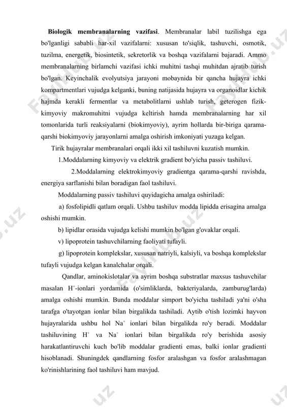 ar, aminokislotalar va ayrim boshqa substratlar maxsus tashuvchilar masalan h+-ionlari yordamida (o'simliklarda, bakteriyalarda, zamburug'larda) amalga oshishi mumkin. bunda moddalar simport bo'yicha tashiladi ya'ni o'sha tarafga o'tayotgan ionlar bilan birgalikda tashiladi. aytib o'tish lozimki hayvon hujayralarida ushbu hol na+ ionlari bilan birgalikda ro'y beradi. moddalar tashiluvining h+ va na+ ionlari bilan birgalikda ro'y berishida asosiy harakatlantiruvchi kuch bo'lib moddalar gradienti emas, balki ionlar gradienti hisoblanadi. shuningdek qandlarning fosfor aralashgan va fosfor aralashmagan ko'rinishlarining faol tashiluvi ham mavjud. ionlarning elektrokimyoviy gradientga qarama-qarshi faol tashiluvi tashuvchi atfazalar yordamida energiya sarflanishi bilan boradi. hozirgi vaqtda tashuvchi atfazalarning k+-atfaza, na+-atfaza, h+-atfaza, ca+-atfaza va anionli atfaza kabi xillari aniqlangan. keyingi vaqtlarda adabiyotlarda ionlarning faol tashiluvida anorganik pirofosfatazalar (h+-rraza) ham qatnashishi mumkin degan ma'lumotlar e'lon qilinmoqda. shuningdek h+ ionlarining faol tashiluvida nadf, nadfh yoki boshqa oksidlanishi-qaytarilishi mumkin bo'lgan birikmalar tufayli ham bo'lishi mumkin. ionlarning (h+) atf yoki nad(f)h yordamida membranalar orqali tashiluvi proton pompasi (h+-pompasi yoki h+-nasosi) …