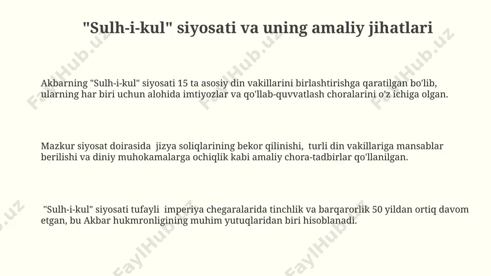 igini rivojlantirishga sezilarli hissa qo'shdi, bu davrda 50 dan ortiq til va madaniyat birgalikda yashagan. akbarning diniy bagʻrikenglik siyosati 16-asrda hindistonda turli din vakillarining, jumladan, hindular, musulmonlar va xristianlarning birgalikda yashashiga imkon yaratdi, bu esa 300 yildan ortiq davom etgan nisbiy tinchlik va barqarorlikni ta'minladi. uning "din-i ilahi" deb nomlangan yangi dinini yaratishga urinishi, garchi muvaffaqiyatsiz bo'lsa-da, uning diniy bagʻrikenglikka bo'lgan chuqur e'tiqodini va turli e'tiqodlarni birlashtirish istagini ko'rsatadi, bu esa 100 ga yaqin olim va mutafakkirlardan maslahat olgan. e'tiboringiz uchun rahmat @taqdimot_robot
