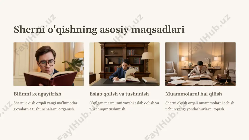 tish va eslab qolish uchun faol ishtirok etadi. 80% xotira samaradorligi 2x sherni o'qish orqali o'sish 30m yangi so'z va iboralarni yodlab olish 9 sherni o'qish va muammolarni hal qilish ko'nikmasi muammolarni aniqlash sherni o'qish jarayonida vujudga kelgan muammolarni aniq belgilash va tushunish muhim. tahlil va strategiya muammolarni chuqur tahlil qilish va ularni hal qilish uchun samarali strategiya ishlab chiqish. ijodiy yondashuv noan'anaviy yechimlarni topish uchun shart-sharoitlarni safarbar etish va ijodiy fikrlashni rivojlantirish. oqilona qarorlar muammolarni hal qilishda samarali, oqilona va vaqtida qarorlar qabul qilish. 10 sherni o'qish va ijod aloqadorligi ijod uchun ilhom murakkab shartlarga to'la sharnoma ijodkorlarning yangi g'oyalar, qahramonlar va voqealarni yaratishda uzilib-uzilmas manba bo'lib xizmat qiladi. muammolarni hal qilish sharnoma o'qish va tahlil qilish jarayonida ijodkorlar zog'ir muammolarni hal qilish uchun yechim topishadi, bu ularning ijodiy salohiyatini oshiradi. voqea-hodisalar tasvirini rivojlantirish sharnoma o'qish jarayonida ijodkorlar yangi voqea-hodisalar, badiiy tasvirlar va detallarni yaratish uchun yangi ufqlar kashf …