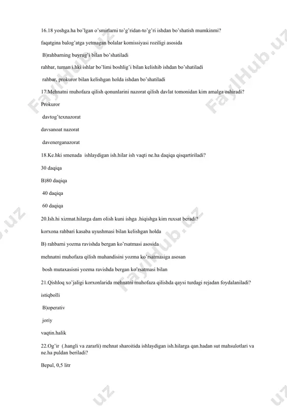 imal ko’rsatki.hi qan.ha? 40-60%, b) 50-60% 60-70% 60-80% 30.iishlab .hiqarish xonalardagi zaharli gazlar miqdorini qaysi asbob bilan aniqlanadi? ug-2 va gx-2 b)dp-5a vpxr id-1 31.shaxsiy himoya vositalari qanday turlarini bilasiz? respirator, gazniqob, niqob, shlemlar, kaska, qo’lqop, ko’zoynak, maxsus oyoq kiyimlari b)ventilyatsion qurilma, isitgi.hlar, kalorifer, fartuk, dielektrik kalishlar . kaska, shlem, rezinali gilam.ha, yoritgi.h dizenfeksiyalov.hi suyuqlik, qalpoq, fartuk 32.mikroiqlim ko’rsatki.hlariga nimalar kiradi? havo harorati, havo namligi, shamolni tezligi, atmosfera bosimi b)shovqin, yorug’lik, atmosfera bosimi radiatsiya miqdori, zaharli gazlar nurlanishlar, shovqin, yorug’lik 33.xavfli va zarali omillardan himoyalanish vositalarini aytib bering respirator, gazniqob, kaskslar, shlem, etik, qo'lqoplar, korjoma, ko'zoynak b)panjara, tayoq, zanjir, ketmon, do'ppi, .hapon kalish, boti, yengil kuylak o'qotar miltiq, signalizatsiya, o't o'.hirgi.h 34.mehnat gigiyenasi deganda nimani tushunasiz? iishlab .hiqarish muhitini va mehnat jarayonini kishi organizmiga ta’sirini to'liq yoki qisman istisno qilingan holati b)ish joylarda yorug'likni bartaraf etilishi korxona hududini obodonlashtirish kishilarga kasallik varaqasi berilishi 35.ishlab .hiqarish sanitariyasi nima? iishlab .hiqarish korxonalari …