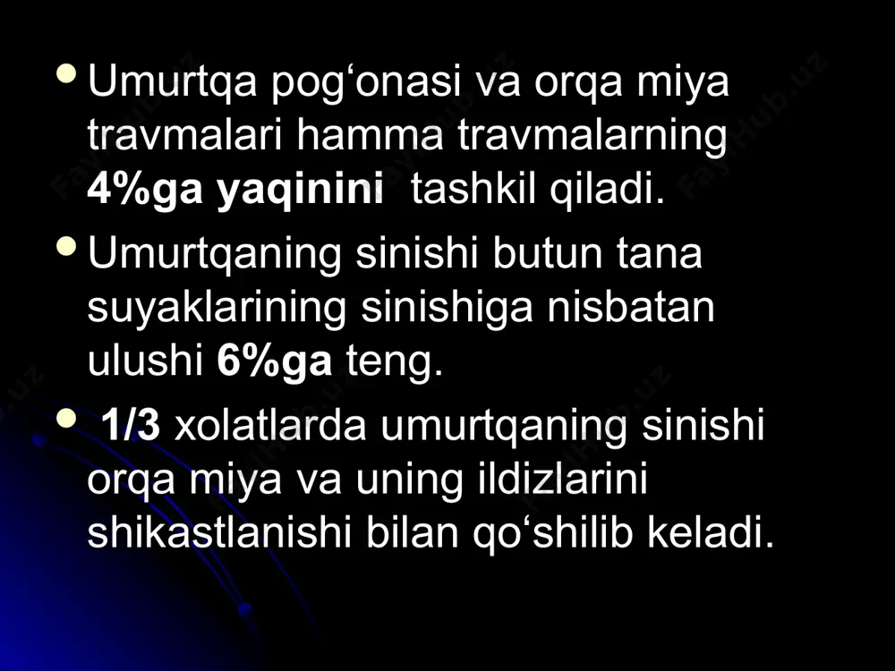 a’zolari faoliyatlarining vaqtinchalik buzilishi yuzaga keladi. orqa miya faoliyati 1-3 kun davomida tiklanishi bemorning amaliy sog‘ayganligidan darak beradi. likvorda patologik o‘zgarishlar aniqlanmaydi, gemorragiya va subaraxnoidal bo‘shliq o‘tkazuvchanligi buzilmaydi. * orqa miyaning lat eyishi ypiq shikastlanishlardi kuzatiladigan eng ko‘p holat hisoblanadi. qaytar va qaytmas(nekroz, orqa miya moddasining yumshashi, orqa miyaga qon quyilishi) o‘zgarishlarni o‘z ichiga oladi. lat eyish klinikasi: orqa miya o‘tkazuvchanligining qisman yoki to‘liq buzilish sindromi rivojlanadi: mushaklar gipotoniyasi va arefleksiyasi va sust falajliklar yuzaga keladi sezgining o‘tkazuvchanlik turida buzilishi chanoq a’zolari faoliyatining buzilishi orqa miya o‘tkazuvchanligining tiklanish vaqti lat eyish og‘irligiga bevosita bog‘liq. orqa miyaning ezilib lat eyishlarida orqa miya o‘tkazuvchanligining izdan chiqishi umrbod saqlanishi mumkin. orqa miyaning engil lat eyishlarida harakat va sezgi faoliyatlarining tiklanishi 3-8 haftalarda ro‘y beradi * orqa miyaning yumshoq parda tomirlarining shikastlanishi tufayli likvor qon aralash bo‘ladi orqa miya bosilishi yoki shishi tufayli ham orqa miya subaraxnoidal bo‘shliq o‘tkazuvchanligining buzilishi mumkin orqa miyaning bosilishi …