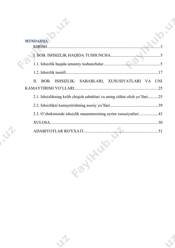 i. masalan, amerika qo’shma shtatlarida, so’igga bir hafta mobaynida ish bilan band bo’lmagan, so’nggi to’rt hafta davomida ishga joylashishga (bevosita ish beruvchiga yoki ish bilan ta’minlash dav-lat xizmatiga murojaat etish orqali) harakat qilgan, mehnat qilish qobiliyatiga ega bo’lgan fuqarolar, ishsiz shaxs deb e’tirof etiladilar. yaponiyada ishsiz shaxs deb, so’nggi bir hafta davomida bir soat ham ishlamagan, buyuk britaniyada esa, so’nggi bir hafta mobaynida ishlamagan, shudavr mobaynida ish kidirgan yeki kasalligi tufayli ish kidirish imkoniyatiga ega bo’lmagan fuqarolar tushuniladi. ayrim mamlakatlarning qonun hujjatlariga binoan ishsiz deb, ishdan bo’shatilgan va mehnat stajiga ega bo’lganlar tushuniladi. o’zbekiston respublikasining «aholini ish bilan ta’minlash to’g’risida»gi qonuniga binoan ishsiz shaxs deb, mehnatga qobiliyatli (o’n olti yoshdan boshlab to pensiya bilan ta’minlynish huquqini olgunga qadar), ishga va ish haqiga (mehnat daromadiga) ega bo’lmagan, ish kidiruvchi shaxs sifatada mahalliy mehnat organida ro’yxatga olingan, mehnat qilishga, kasbga tayyorlash va qayta tayyorlashdan o’tishga, malakasini oshirishga tayyor mehnatga qobnliyatli shaxslar e’tirof …