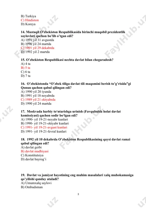 gerbi b) davlat bayrog‘i c) davlat madhiyasi d) konstitusiya 25. o‘zbekiston respublikasi konstitutsiyasiga qanday o‘zgartirish kiritiladi? a) referendum orqali b) oliy majlis yig‘ilishida c) senat yig‘ilishida d) oliy kengash yig‘ilishida 26. davlat hokimiyati necha bo‘g‘inga bo‘linadi? a) 1 b) 2 c) 3 d) 4 27. o‘zbekiston milliy taraqqiyot yo‘li bu – a) bozor munosabatlariga asoslangan huquqiy demokratik davlat qurish b) o‘z milliy xususiyatlarini saqlab qolish c) jahon bozoriga chiqish d) ijtimoiy himoyani mustahkamlash 28. o‘zbekstonning mustaqil taraqqiyot yo‘li bugungi kunda nima deb nomlanadi? a) o‘zbek modeli b) bozor iqtisodiyoti c) demokratik jamiyat d) konstitutsiyaning ustivorligi 29. “o‘zbek modeli” nechta tamoyil asosida joriy etilgan? a) 3 b) 6 c) 5 d) 7 30.taraqqiyotning “o‘zbek modeli” ning asoschisi – a) m.s.gorbachev b) r.nishonov c) v.elsin d) i.a.karimov 31. taraqqiyotning “o‘zbek modeli” qaysi yili ilgari surilgan? a) 1996 yilda b) 1990 yilda c) 1992 yilda d) 1991 yilda 32. mustaqil o’zbekiston respublikasida ikkinchi …