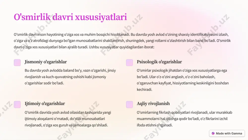 h o'smirlik davrida shaxs o'zini anglash va o'z-o'zini baholash jarayonlarini boshdan kechiradi. u o'zining qobiliyatlari, qiziqishlari va qadriyatlarini aniqlay boshlaydi. o'zini boshqalar bilan solishtirish, o'ziga nisbatan talabchanlik va idealizm bu davrning xususiyatlaridan biridir. hissiyotlarni boshqarish va ijtimoiy munosabatlar o'smirlar hissiyotlarini boshqarishda qiyinchiliklarga duch kelishi mumkin. ularning kayfiyati tez o'zgarib turadi, ba'zan o'ziga xos qiyinchiliklarni boshdan kechiradi. ijtimoiy munosabatlarni o'rnatish va saqlab qolishda ham o'ziga xos qiyinchiliklarga duch kelishi mumkin. https://gamma.app/?utm_source=made-with-gamma jismoniy o'zgarishlar o'smirlik davrida yosh avlod tanasida sezilarli o'zgarishlar sodir bo'ladi. bu o'zgarishlar, asosan, gormonlar darajasining o'zgarishi va jinsiy rivojlanish bilan bog'liqdir. o'smirlarning jismoniy o'zgarishlari ularning o'z-o'zini anglashi va o'z-o'zini baholashga ta'sir qilishi mumkin, shuningdek, ijtimoiy munosabatlarini shakllantirishda muhim rol o'ynaydi. bo'y o'sishi va vazn o'zgarishi o'smirlik davrida bo'yning tez o'sishi kuzatiladi. qizlarda bu davr odatda 10-14 yoshda, o'g'il bolalarda esa 12-16 yoshda boshlanadi. bu davrda vazn ham tez o'sadi, bu esa mushaklarning rivojlanishi va tana tarkibining o'zgarishi bilan bog'liqdir. …