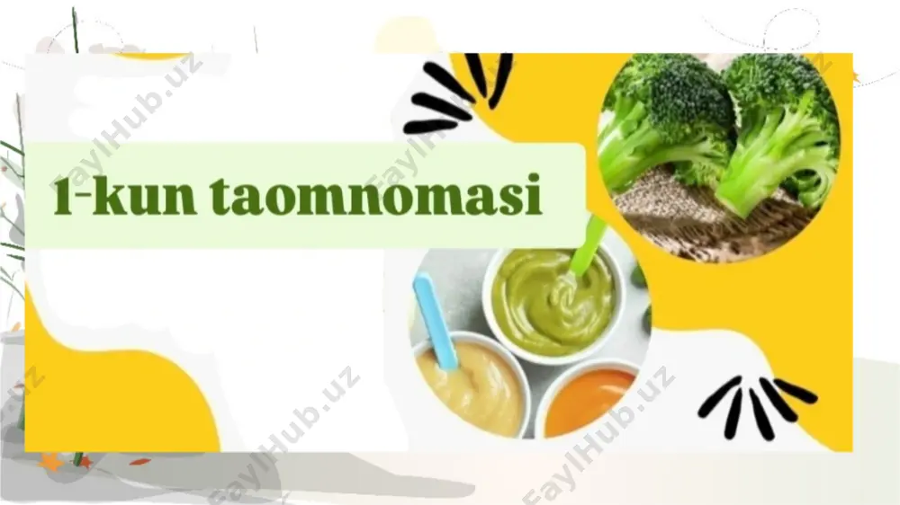 tushlik olmali pirog-60gr choy-150gr tushlik mampar-150gr kotlet-50gr qaynatilgan grechka -100gr karam salat-45gr mevalardan kompot-150gr non-60 gr nonushta sutli vermeshelli suyuq bo'tqa- 130 gr pishloqli omlet-65 gr sutli kakao-150gr bug'doy non-40gr ikkinchi tushlik tvorogli vatrushka-60gr asal choy-150gr mavsumiy meva-110gr tushlik qaynatma sho'rva-150gr dimlangan mol go'shtidanbistrogan-60gr garnir sariq maydalangan garoh-100gr shakarob salat-45gr non-60 gr mavsumiy mevadan kampot-150gr nonushta shirqovoq (oshqovoqli guruch bo'tqasi)- 150 gr sutli kakao-150 gr saryog'li buterburod-50gr ikkinchi tushlik somsa-100gr choy-150gr tushlik perlovka sho'rva-150gr dimlama-130gr shakarob salat-45gr mevalardan kompot-150gr non-60 gr e'tiboringiz uchun rahmat! zoho show загрузите zoho show из play store https://zoho.to/cy7 для создания привлекательных презентаций taomnoma asqarova muslima .pdf (этот файл pdf сгенерирован в zoho show)