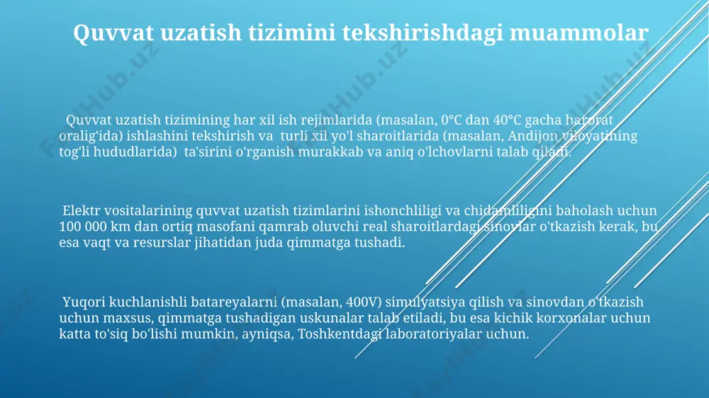20 millisekunddan kam vaqt ichida reaktsiya qilish qobiliyatini o'lchash uchun yuqori aniqlikdagi uskunalar talab etiladi, bu esa yaponiyadagi ishlab chiqaruvchilar uchun qo'shimcha xarajatlarni keltirib chiqaradi. elektroavtomobillarni sinovdan o'tkazishda xavfsizlik tizimlarini baholashda 100 dan ortiq sensor va 50 dan ziyod mikroprotsessorlarning o'zaro ta'sirini aniqlash germaniyadagi sinov poligonlarida katta murakkabliklarni keltirib chiqaradi. xavfsizlik tizimlarini simulyatsiya qilishda, masalan, kaliforniyada sodir bo'lgan 30 dan ortiq haqiqiy yo'l-transport hodisasi ma'lumotlarini qo'llash, real sharoitlarni aniq aks ettirishni qiyinlashtiradi. elektr avtomashinalarini sinovdan o'tkazishdagi muammolar elektr avtomashinalarining batareyalarining ishlash muddatini aniqlash uchun 5000 dan ortiq zaryad-ozod qilish sikllarini o'tkazish kerak, bu esa sinov jarayonini ancha uzoq va qimmatga tushiradi, ayniqsa, buxoro shahridagi sinov maydonchalarida. yuqori kuchlanishli elektr tizimlarini sinovdan o'tkazishda xavfsizlik choralari va maxsus jihozlarga bo'lgan ehtiyoj, masalan, 800v tizimlar uchun izolyatsiyalashgan vositalar, sinovning murakkabligini va xarajatlarini oshiradi. avtonom haydash tizimlarini (2-darajali va undan yuqori) simulyatsiya qilish uchun 1000 soatdan ortiq haqiqiy va virtual yo'l sharoitlarini yaratish zarur, …