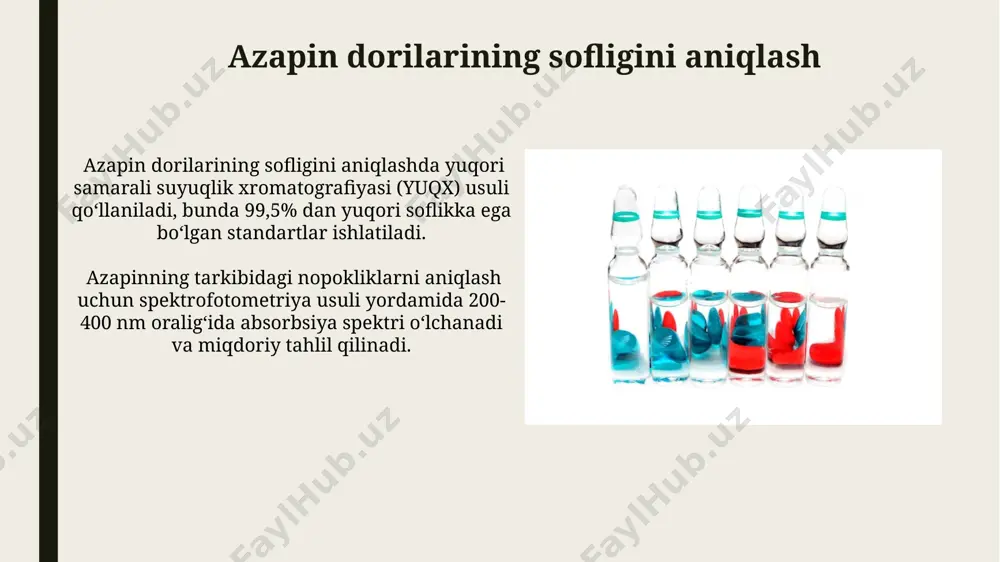 hosilalarining tuzilishini aniqlashda yuqori sezuvchanlikka ega bo'lib, 1 ng dan kam miqdordagi namunalarni tahlil qilish imkonini beradi. azapinning kimyoviy tuzilishi azapin halqasi turli xil o'rinbosarlar bilan almashtirilishi mumkin, bu esa 100 dan ortiq turli xil azapin hosilalarini keltirib chiqaradi va ularning biologik faolligini o'zgartiradi. azapinlar 7 a'zoli geterotsiklik birikmalar bo'lib, ularning tarkibida kamida bitta azot atomi mavjud, bu ularning farmatsevtik xususiyatlarini belgilaydi. zamonaviy tahlil usullarining qo'llanilishi kapillyar elektroforez texnikasi, 10-15 daqiqada bir nechta azapin seriyali dorilarini ayirish va aniqlash imkonini berib, samaradorlikni oshiradi va reagentlar sarfini kamaytiradi. nmr spektroskopiyasi, ayniqsa 1h va 13c nmr, azapin halqasining tuzilishi va o'rinbosarlarining aniq holatini aniqlashda yuqori aniqlikdagi ma'lumotlar beradi, bu esa 95% dan yuqori aniqlikni ta'minlaydi. azapin dorilarining parchalanish mahsulotlarini aniqlash azapin dorisining parchalanish mahsulotlarini identifikatsiya qilish uchun spektroskopik usullar, jumladan, yamr va iq spektroskopiyasi, 5 dan ortiq metabolitlarni aniqlashda qo'llaniladi. azapin dori vositalarining parchalanish mahsulotlarini yuqori samarali suyuq xromatografiya (yussx) va massa-spektrometriya …