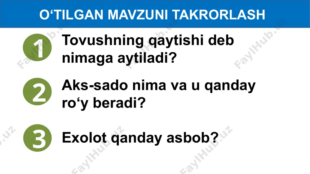 qoyagacha bo‘lgan masofa qancha? berilgan: formulasi: yechilishi: t = 2 s topish kerak: s = ? s = s = javob: s 1-masala = t / 2 10-mashq 2. dengizning 1,5 km masofasiga yuborilgan ultratovush 2 s dan so‘ng qabul qilindi. ultratovushning dengiz suvidagi tarqalish tezligi nechaga teng? berilgan: formulasi: yechilishi: t = 2 s s = 1,5 km= 1500 m topish kerak: = ? s = javob: 2-masala = = = 1500 m/s = /s 10-mashq 3. 54-mavzudagi jadvaldan foydalanib, teplovoz tovushining temir yo‘l relslari bo‘ylab tarqalish tezligi, havoda tarqalish tezligidan necha marta katta bo‘lishini aniqlang. berilgan: yechilishi: = 340 m/s = 5850 m/s topish kerak: = ? = javob: 3-masala 17,2 marta katta mavzu oxiridagi savollarga javob yozing. darslikdan bobni takrorlashga doir test topsiriqlarni yeching. mustaqil bajarish uchun topshiriqlar: image1.png image2.jpeg image3.jpg image4.png image5.jpg image6.png image7.png image8.png image9.png image10.jpeg image11.png image12.png image13.png image14.png image15.jpg image16.jpg image17.jpg image18.jpeg image19.png …