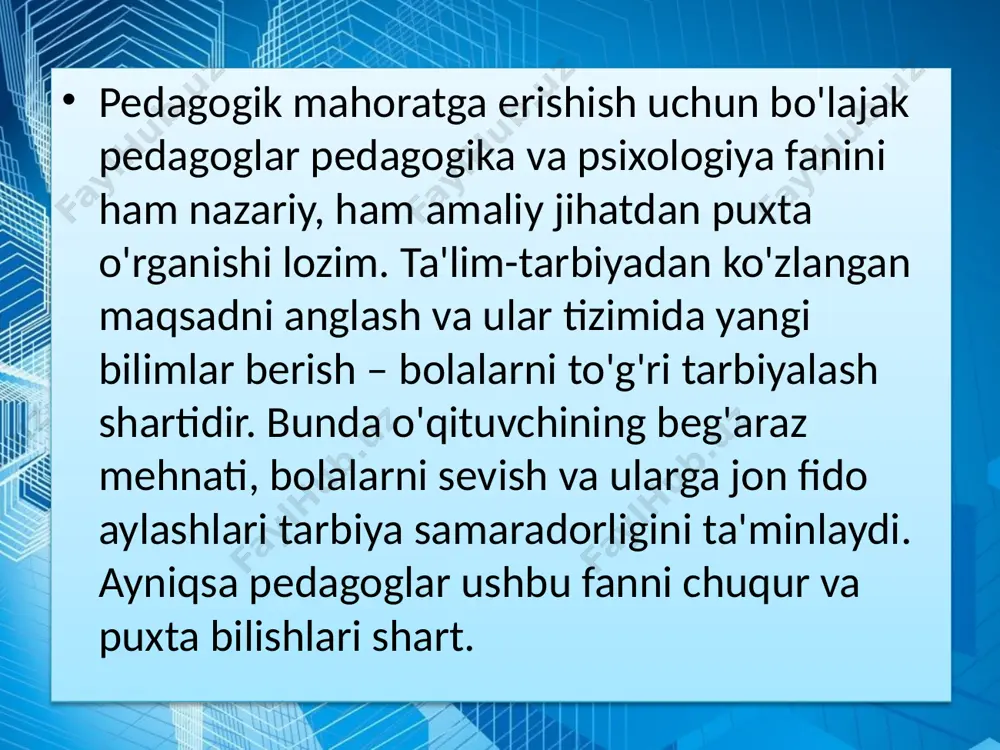 ttirish lozimligini oldindan aytib bera olishda ifodalanadi. 9. diqqatni taqsimlay olish qobiliyati - o'qituvchida diqqatning barcha xususiyatlari – hajmi, kuchi, idora qilinishi, safarbarligi kabilar taraqqiy etgan bo'lishi muhimdir. diqqatni ayni bir vaqtda taqsimlash qobiliyati - o'qituvchilik uchun alohida ahamiyat kasb etadi. xullas, o'qituvchida bu kabi xususiyatlarning mavjud bo'lishi uning pedagogik mahoratini oshiradi va tajribasini boyitadi. perseptiv qobiliyat - idrok jarayonining asosiy tuzilishi birinchi bo'lib, bu idrok ob'ektlarini bilib olish va uni xotira obrazlari bilan solishtirishdan iboratdir. bu qobiliyat o'qituvchining o'quvchilar ko'z qarashlari va yuz ifodalariga qarab ularning ichki dunyosini ko'ra olishida namoyon bo'ladi. bilish qobiliyati - bilimni egallash va uni o'zlashtirishni ta'minlaydi. pedagogik qobiliyatlar faqat pedagogik faoliyat samarali bo'lishining shartigina emas, balki ko'p jihatdan o'qituvchining muvaffaqiyatli ishlashining natijasi hamdir. shu munosabat bilan o'qituvchining o'zida pedagogik qobiliyatlarning aniq maqsadini ko'zlab tarkib topish va rivojlanishi katta rol o'ynaydi. image2.png image3.png image4.png image5.png image6.png image7.png image8.jpeg image1.jpeg /docprops/thumbnail.jpeg