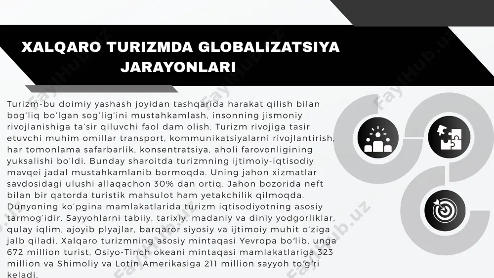 . bu qarash, ayniqsa, globallashuvning ko‘zga ko‘rinadigan ko‘rinishlaridan biri hisoblangan ommaviy turizm bilan bog‘liq bo‘lib, turizmning rivojlanishini ushbu jarayonlarning barcha yo‘nalishlarida: iqtisodiy, ijtimoiy, madaniy va hatto siyosiy jihatdan ko‘rish mumkin. xulosa har qanday sanoatda ham mamlakat hukumati xususiy tarmoqni rivojlanishi yuzasidan rag‘batlantirib borishi lozim. turizm sohasida ham xususiy tarmoqlarni rivojlantirish, shu jumladan turistik firmalar faoliyatini takomillashtirish eng asosiy omillardan sanaladi. turistik firmalarning rivojlantirishda asosan biznes rejalarni tuzishga katta ahamiyat beriladi. chunki mukammal tuzilgan biznes- reja kelajakda ushbu firmaning yo‘lini belgilab beradi. turistik firmalar o‘z mahsuloti rivojlanishining dastlabki bosqichida mashhur turizm maskanlari hukumatdan o‘z faoliyatlarini yuritishga, transport va hokazolar kabi infratuzilmaning boshqa elementlariga egalik huquqi shaklida imtiyoz oladilar va ayni paytda hukumat ham turizm infratuzilmasini rivojlantirish maqsadida xususiy tarmoqlarga imtiyozlar beriladi. e’tiborlaringiz uchun rahmat image3.jpg image4.png image5.png image7.svg image6.png image9.svg image7.png image11.svg image8.png image9.jpeg image10.jpeg image11.jpeg image12.jpeg /docprops/thumbnail.jpeg