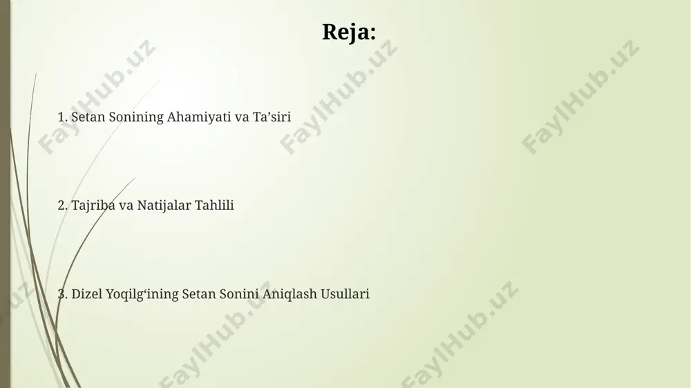 tini muntazam tekshirish, xatoliklarni kamaytirish va natijalar ishonchliligini ta'minlash uchun muhimdir. yiliga kamida 2 marta kalibrlash tavsiya etiladi. tashqi omillar, masalan, 25°c dan yuqori harorat, o'lchov natijalariga salbiy ta'sir ko'rsatishi mumkin. shuning uchun, samarqanddagi laboratoriyalarda o'lchovlarni standartlashtirilgan sharoitlarda o'tkazish zarur. dizel yoqilg'ining setan sonini aniqlashning muhimligi setan soni kam bo‘lgan yoqilg‘i, dvigatelning qiyin ishga tushishiga va yoqilg‘ining to‘liq yonmasligiga olib keladi, bu esa 2-3% gacha yonilg‘i sarfini oshirishi va dvigatelning umrini qisqartirishga olib kelishi mumkin. dizel yoqilg‘ining setan sonini aniqlash, dvigatelning ishlash samaradorligini 30% ga oshirish va chiqindi gazlardagi zararli moddalar miqdorini 15% ga kamaytirishga yordam beradi, bu esa, masalan, toshkent shahridagi havo sifati uchun muhim ahamiyatga ega. xalqaro standartlar, masalan, en 590, dizel yoqilg‘isining minimal setan sonini 45-51 birlikda belgilaydi, bu yoqilg‘ining sifatini va dvigatelning ishonchli ishlashini ta’minlash uchun muhimdir. setan sonini aniqlash usullari rossiyaning gost standartlari bo'yicha setan sonini aniqlash usullari ham mavjud bo'lib, ular astm d613 usuliga …
