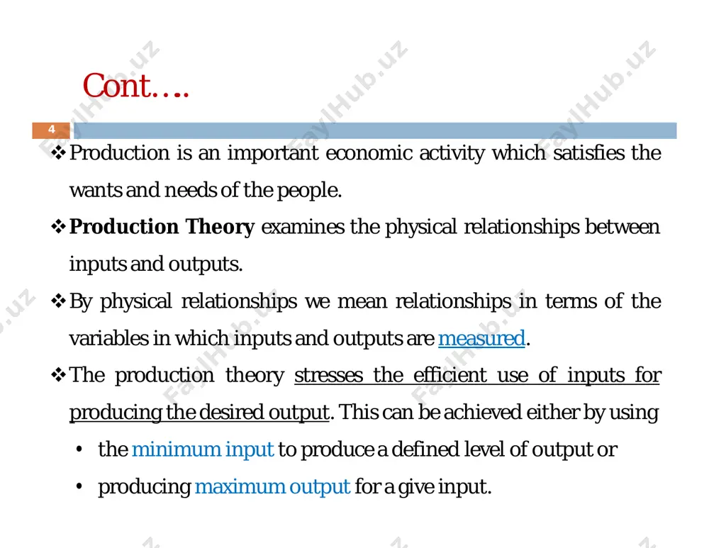 le input (labour) that the firm should employ because this depends on several other factors than the productivity of labour. however, it is possible to determine the ranges over which the variable input (labour) be employed. to this end, economists have defined three stages of short run production. 6.1.6. stages of production 19 stage i: the stage goes from the origin where tp=0 to the point where 푀푃 is maximum. this stage is not an efficient region of production though the mp of variable input is positive. it is a range of increasing marginal product. the reason is that the variable input (the number of workers) is too small to efficiently run the fixed input so that the fixed input is under-utilized (not efficiently utilized).  it is also known as an extensive stage, b/c the variable inputs are under-employed & the fixed inputs are under-utilized cont….. 20 cont….. 21 …