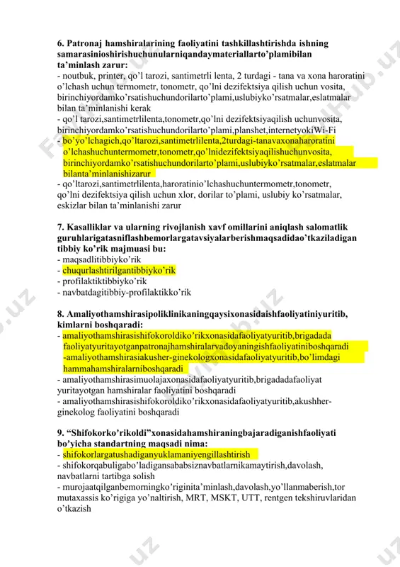 , birinchiyordamko’rsatishuchundorilarto’plami,uslubiyko’rsatmalar,eslatmalar bilan ta’minlanishi kerak · qo’l tarozi,santimetrlilenta,tonometr,qo’lni dezifektsiyaqilish uchunvosita, birinchiyordamko’rsatishuchundorilarto’plami,planshet,internetyokiwi-fi · bo’yo’lchagich,qo’ltarozi,santimetrlilenta,2turdagi-tanavaxonaharoratini ( bilanta’minlanishi zaru r birinchiyordamko’rsatishuchundorilarto’plami,uslubiyko’rsatmalar, eslatmalar o’lchashuchuntermometr,tonometr,qo’lnidezifektsiyaqilishuchun vosita, ) · qo’ltarozi,santimetrlilenta,haroratinio’lchashuchuntermometr,tonometr, qo’lni dezifektsiya qilish uchun xlor, dorilar to’plami, uslubiy ko’rsatmalar, eskizlar bilan ta’minlanishi zarur 7. kasalliklar va ularning rivojlanish xavf omillarini aniqlash salomatlik guruhlarigatasniflashbemorlargatavsiyalarberishmaqsadidao’tkaziladigan tibbiy ko’rik majmuasi bu: · maqsadlitibbiyko’rik · chuqurlashtirilgantibbiyko’rik · profilaktiktibbiyko’rik · navbatdagitibbiy-profilaktikko’rik 8. аmaliyothamshirasipoliklinikaningqaysixonasidaishfaoliyatiniyuritib, kimlarni boshqaradi: · amaliyothamshirasishifokoroldikoʼrikxonasidafaoliyatyuritib,brigadada ( hammahamshiralarni boshqaradi -amaliyothamshirasiakusher-ginekolog xonasidafaoliyatyuritib, bo’limdagi faoliyatyuritayotganpatronajhamshiralarvadoyaningishfaoliyatini boshqaradi ) · amaliyothamshirasimuolajaxonasidafaoliyatyuritib,brigadadafaoliyat yuritayotgan hamshiralar faoliyatini boshqaradi · amaliyothamshirasishifokoroldikoʼrikxonasidafaoliyatyuritib,akushher- ginekolog faoliyatini boshqaradi 9. ( shifokorlargatushadiganyuklamani yengillashtirish )“shifokorkoʼrikoldi”xonasidahamshiraningbajaradiganishfaoliyati boʼyicha standartning maqsadi nima: · ​ · shifokorqabuligaboʼladigansababsiznavbatlarnikamaytirish,davolash, navbatlarni tartibga solish · murojaatqilganbemorningkoʼriginita’minlash,davolash,yo’llanmaberish,tor mutaxassis ko’rigiga yo’naltirish, mrt, mskt, utt, rentgen tekshiruvlaridan o’tkazish · murojaatqilganbemorningbir