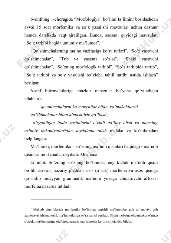an, so’zning leksik yoki grammatik ma’nolari shakllanishida xizmat qiladigan morfema turi. affiksal morfema so’z tarkibida hamma vaqt ham ishtirok etavermaydi. affiksal morfemalar (qo’shimchalar) umumiy tarzda yasovchilar hisoblanadi va ular vazifasiga ko’ra ikki xil bo’ladi: 1) yangi so’z yasovchilar va 2) shakl yasovchilar. (shakl yasovchilar ichki mohiyatiga ko’ra –lug’aviy shakl yasovchilar hamda sintaktik shakl yasovchilarga bo’linadi. shu bois ba’zan darsliklarda affiksal morfemalar uch turga (1)so’z yasovchi; 2) lug’aviy shakl yasovchi; 3) aloqa-munosabat qo’shimchalariga) bo’linadi. (o’zbek tili (asosan, artikllar bilan ish ko’rvchi rus, ingliz kabi flektiv tillardan farqlanuvchi) agglyutinativ tillar sirasiga kiradi va shu mohiyatiga ko’ra ko’proq qo’shimchalar bilan ish ko’radi. (ammo bu flektiv tillar mutlaqo qo’shimcha qo’llamaydi yoki agglyutinativ tillarda grammatik ma’no faqat affikslar asosida yuzaga chiqadi degani emas.) qarang: 7-jadval) 7-jadval aloqa - munosabat morfemalari lug „ aviy shakl yasovchi morfemalar so „ z yasovchi morfemalar o`zbek tilida affiksal morfemalar fe‟l, ot, sifat, ravish turkumlari doirasida yangi lug„aviy birlik yasaydi. …