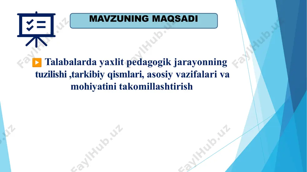 va vazifalarini belgilash va tushuntirish; o'qituvchilar va talabalar o'rtasidagi o'zaro munosabatlar; pedagogik jarayonning nazarda tutilgan usullari, vositalari va shakllaridan foydalanish; qulay sharoitlar yaratish; maktab o'quvchilarining faoliyatini rag'batlantirish bo'yicha turli tadbirlarni amalga oshirish; pedagogik jarayonning boshqa jarayonlar bilan bog'lanishini ta'minlash 3-bosqich cpp ( yakuniy ) ▶ natijalar tahlil qilinmoqda pedagogik jarayon yaxlitligining aspektlari: ma'lumot beruvchi, tashkiliy, funktsional. mazmun jihatidan pedagogik jarayonning yaxlitligi insoniyat tomonidan to‘plangan tajribaning ta’lim maqsadi va mazmunida uning to‘rt elementi munosabatida aks etishi bilan ta’minlanadi: bilim (kognitiv tajriba); ko'nikma va ko'nikmalar (amaliy tajriba); ijodiy faoliyat tajribasi; atrofdagi dunyoga hissiy-qiymatli va irodaviy munosabat tajribasi tashkiliy jihatdan pedagogik jarayon yaxlitlik xususiyatiga ega bo'ladi, agar birlik faqat mustaqil tarkibiy jarayonlarga nisbatan ta'minlansa: ta'lim mazmuni va moddiy- texnik bazasini o'zlashtirish va loyihalash; shaxsiy munosabatlar darajasida o'qituvchilar va o'quvchilar o'rtasidagi o'zaro munosabatlar, ya'ni. ta'lim mazmuni haqida emas (norasmiy muloqot); ta'lim mazmuni bo'yicha o'qituvchilar va o'quvchilar o'rtasidagi ishbilarmonlik aloqalari; o'qituvchining bevosita ishtirokisiz o'quvchilar tomonidan …