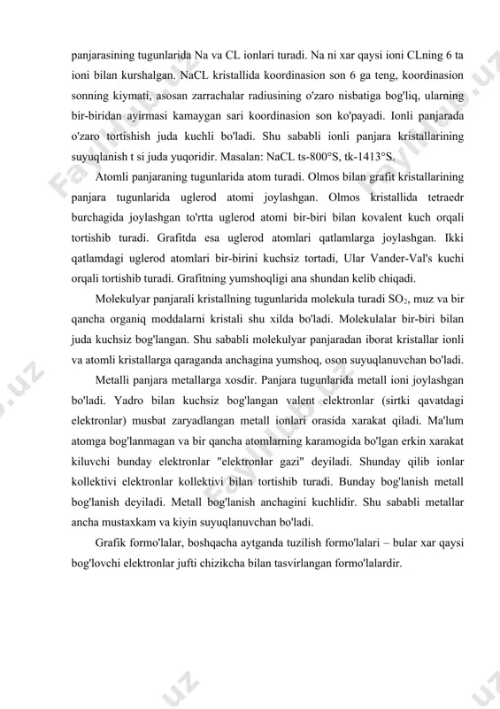 ladi. grafik formo'lalar, boshqacha aytganda tuzilish formo'lalari – bular xar qaysi bog'lovchi elektronlar jufti chizikcha bilan tasvirlangan formo'lalardir. kimyoning eng birinchi qonuni moddalar massasini saklanish qonunidir. bu qonun dastlab lomonosov va keyinchalik lavuaz'ye tomonidan ta'riflangan: kimyoviy reaksiyada dastlabki moddalar massalarining yigindisi reaksiya maxsulotlari massalarining yigindisiga tengdir. katta mikdorda energiya ajralib chiqishi bilan sodir bo'ladigan prosesslar (masalan, radioaktiv moddalarning yemirilishi, atom xamda vodorod bombalarining portlashi) massaning saklanish qonuniga emas, balki materiyaning saklanish qonuniga buysunadi. agar prosessning issiqlik effekti q bulsa, prosess davomida massaning uzgarishi m eynshteyn tenglamasi bilan ifodalanadi: m=q/s2 s2 - nixoyatda katta son (9*1020) bo'lganligidan odatdagi reaksiyalarda massa uzgarishi nixoyatda kichik bo'ladi va uni tarozi yordamida paykash kiyin. tarkibning doimiylik qonuni. a.lavuaz'ye 1781 yilda so2 gazini 10 xil usul bilan xosil qildi va gaz tarkibidagi s va o og'irliklari orasidagi nisbat 3:4 ekanligini aniqladi. shundan keyin xar kanday kimeviy toza birikmani tashkil etuvchi elementlarning og'irliklari uzgarmas nisbatda bo'ladi, degan …