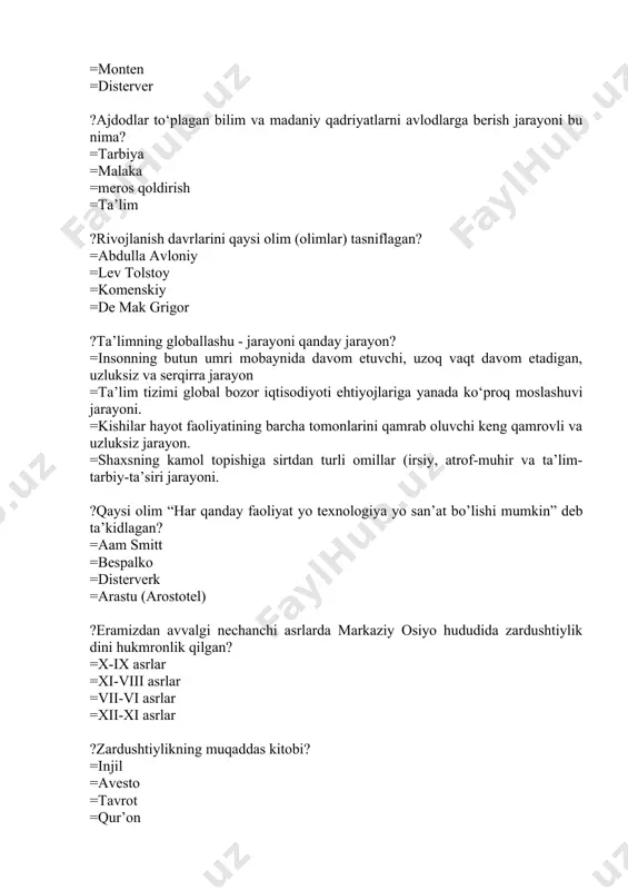 ardushtiylik dini hukmronlik qilgan? =x-ix asrlar =xi-viii asrlar =vii-vi asrlar =xii-xi asrlar ?zardushtiylikning muqaddas kitobi? =injil =avesto =tavrot =qur’on ?zardushtiylik dinida axloqiy meyorlar nechaga bo’lingan? =5 =4 =3 =7 ?“avesto” tadqiqotchisini toping? =a.makovelskiy =b.ziyomuhammedov =s.xoliqnishonova =jaloliddin devoniy ?avesto necha qismdan iborat? =5 =4 =6 =9 ?…… -o‘zaro bog‘langan kishilar guruhlari va ayrim shaxslardan iborat murakkab tizim. =jamoa =tashkilot =uyushma =birlashma ?o‘qituvchi o‘quvchi bilan shaxsiy munosabat o‘rnatayotganda oraliq masofa qancha bo‘lishi lozim? =120 sm dan 400 sm gacha =400 sm dan 750 sm gacha =750 sm dan 1000 sm gacha =45 sm dan 120 sm gacha ?o‘qituvchi o‘quvchi bilan rasmiy munosabat o‘rnatayotganda oraliq masofa qancha bo‘lishi lozim? =120 sm dan 400 sm gacha =45 sm dan 120 sm gacha =400 sm dan 750 sm gacha =750 sm dan 1000 sm gacha ?ommaviy munosabatda o‘qituvchi va omma orasidagi masofa qancha bo‘lishi lozim? =120 sm dan 400 sm gacha =45 sm dan 120 …