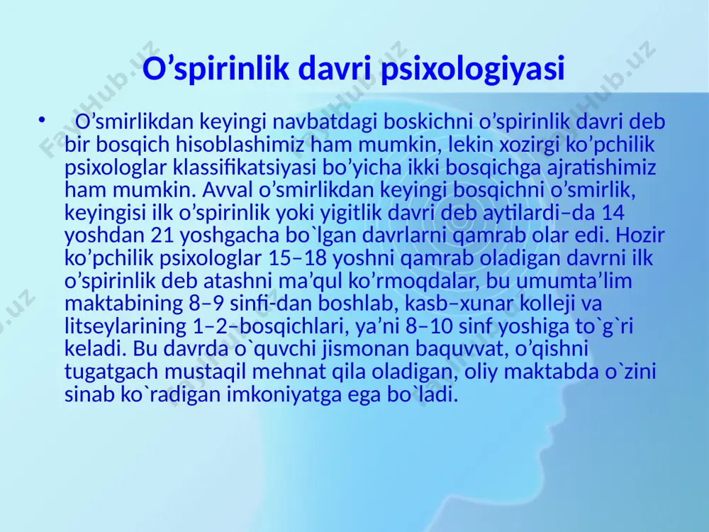 da uz fikrini to`g`ri, aniq ifodalash malakasini tarkib toptiradi. nutqining tuzilishini takomillash-tiradi va lug’at boyligini yanada oshiradi. o’spirin adabiy asarlarni uqish va tushunish orqali mutsaqil fikrlashga, muloxaza yuritish va munozaraga urganib boradi. katta maktab yoshidagi o`quvchi aqlining tanqidiyligida og’machilikka moyillik kuchli bo`ladi. og’machilikning eng asosiy sabablaridan biri–voqеlikning moxiyatini ilmiy jixatdan to`g`ri tushunolmaslikdir. kuzatishlar va xayot tajribalarining kursatishicha, ba’zi xollarda ilk uspirinlar uzlarini qurqmas, jasur qilib kursatishga, nourin xarakatlarga moyil bo`ladilar. ilk uspirinlar ma’naviy xislatlarga, axloqiy mеzonlar moxiyatiga jiddiy munosabatda bo`ladilar. masalan, burch, vijdon, g’urur, qadr–qimmat, faxrlanish, ma’suliyat, or–nomus kabi tushunchalarni chuqur taxlil qila oladilar. lеkin xammalari emas. bu yoshda shaxs sifatlari shakllanishida maktab muxiti, ayniqsa sinf jamoasi, rasmiy va norasmiy tеngqurlar kuchli ta’sir etadi. maktab va sinf jamoalari ta’sirida matonatlilik, jasurlik, sabr-toqatlilik, kamtarlik, intizomlilik, xalollik, xamdardlik kabi fazilatlar takomillashadi va xudbinlik, lokaydlik, munofiqlik, laganbardorlik, dangasalik, g’ayirlik singari illatlarning barxam topishi tеzlashadi. uspirin xar bir ishda yetakchi, birinchi bulish istagi bilan …