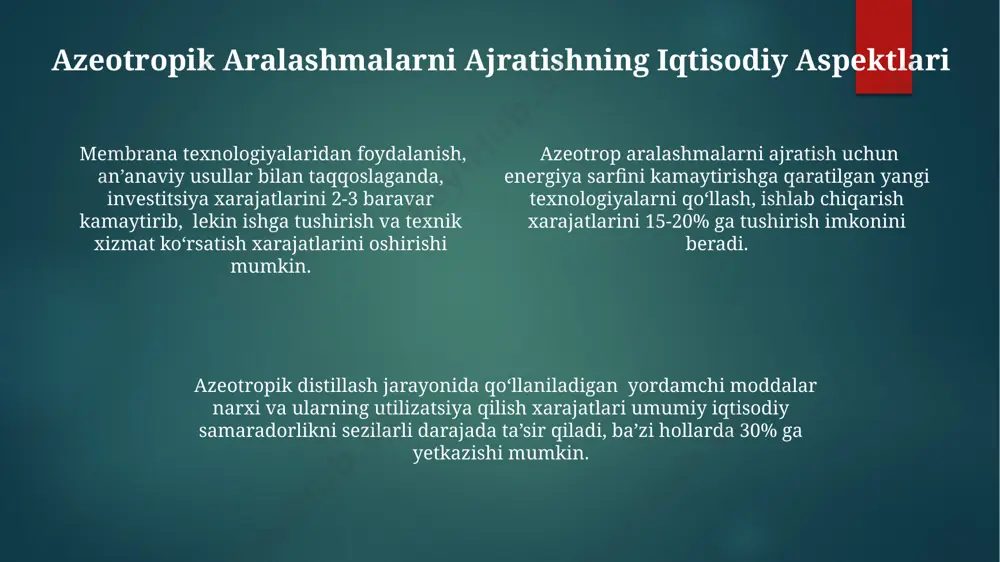 gi 80% ga yetadi. adsorbsiya metodi adsorbsiya metodi, azeotrop aralashmalarning tarkibiy qismlarini ularning adsorbsion xususiyatlaridagi farqlarga asoslangan holda ajratishga imkon beradi, bu jarayon tez-tez 3-5 nm gacha bo'lgan teshik diametrli adsorbentlardan foydalanishni talab qiladi. selektiv adsorbsiya natijasida hosil bo'lgan konsentratsiyalangan komponentlarni desorbsiya qilish uchun, odatda, bosim yoki haroratni o'zgartirish kabi 2-3 ta turli usullar qo'llaniladi. adsorbsiya usuli, 90% dan yuqori samaradorlikka erishish imkonini beradi va ko'p hollarda energiya sarfini kamaytirish uchun 10-15°c oralig'ida past haroratlarda amalga oshiriladi. azeotropik aralashmalarning ta'rifi azeotropning tarkibi doimiy bo'lib, bug' fazasi ham, suyuq fazasi ham bir xil molyar nisbatdagi komponentlarga ega; masalan, 96% etanol va 4% suv aralashmasi azeotrop hosil qiladi. azeotrop aralashmalar, ikki yoki undan ortiq komponentdan tashkil topgan va distillash orqali tarkibiy qismlarga ajratilmaydigan suyuqlik aralashmalari bo'lib, ularning qaynash temperaturasi 100°c dan yuqori bo'lishi mumkin. azeotropik aralashmalarning qaynash nuqtasi, tarkibiy qismlarining qaynash nuqtalaridan farq qiladi va bu ularni oddiy distillash usuli bilan ajratishni …