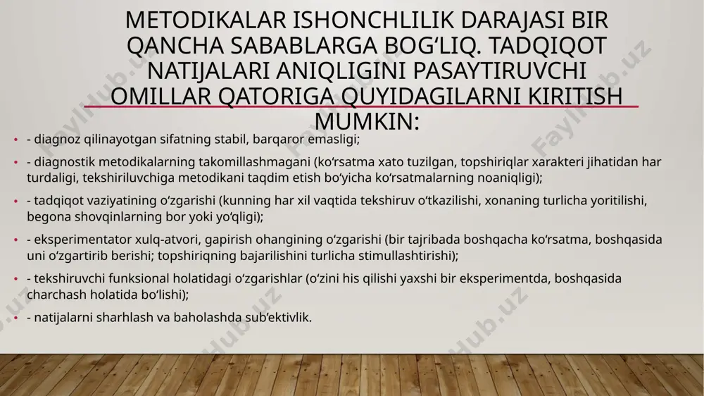 ular o‘zaro bir-birini to‘ldiradi. to‘laqonli diagnostik tadqiqotda ikkala turdagi metodikalarni garmonik, uyg‘unlashgan holda qo‘llash zarur. masalan, test yordamida ma’lumot to‘plashdan avval sinaluvchi bilan tanishish (tarjimai holi, moyilliklari, faoliyat motivatsiyasi haqidagi axborot) bosqichi o‘tkaziladi. bunda intervyu, suhbat, kuzatishdan foydalaniladi. kam formallashgan metodikalar – qo‘llashning qat’iy, aniq qoidalariga ega bo‘lmagn metodikalar. ular ko‘proq psixodiagnostikaning psixologik intuitsiyasi va nisbiy tajribasiga bog‘liq. formallashgan metodikalar – aniq shakldagi qoidalarga qat’iy amal qilishni talab qiladigan metodikalardir image1.jpg /docprops/thumbnail.jpeg