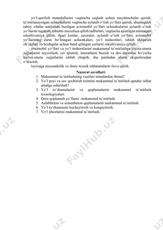 aqtinchalik inshootlarni ham kiritgan holda, vaqtinchalik bino va inshootlar uchun mo‘ljallangan smeta baxosi doirasida (bitum va emulsiyali bazalar, muzgarchilikka qarshi materiallarni saqlash va qayta ishlash bazalari, tosh maydalash va saralash bazalari, asfalt-beton va sement-beton qorishtirish qurilmalari, bazalari, trassaoldi konlarining bino va inshootlari, qurilish ashyolari omborlari, katta ko‘priklarni qo‘riqlash bazalari, yo‘l-ta’mirlash punktlari) qurish; avtomobil yo‘llarini mukammal ta’mirlash bo‘yicha ishlar qilinadigan joylarda yo‘l xizmati ishchilarini joylashtirish maqsadida vaqtinchalik bino va inshootlarga mo‘ljallangan mablag‘lar xisobidan ular keyinchalik yashaydigan doimiy turar joylarni qurish. xar yili vaqtinchalik bino va inshootlarga (vaqtinchalik o‘rniga doimiy turar joylarni qurishni xisobga olgan holda) sarflanadigan xarajatlar tegishli yo‘ldan foydalanish xizmat idorasi uchun belgilangan mukammal ta’mirlash bo‘yicha yillik ish xajmining 5%idan oshmasligi kerak. joylardagi avtomobil yo‘llari davlat boshqaruvi organlari, zaruriyat bo‘lganda, ko‘rsatib o‘tilgan mablag‘larni jamlashlari hamda ulardan belgilangan tartibda yuqorida ko‘rsatib o‘tilgan maqsadlarda foydalanishlari mumkin; d) avtomobil yo‘llarini jihozlash, harakat xavfsizligini tashkil etish va ta’minlash bo‘yicha: avtobus bekatlarida yangi to‘xtash va …
