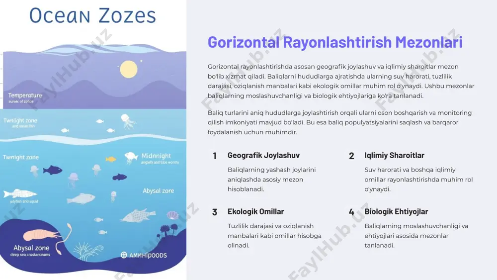 ona suv harorati yuqori o'rtacha bioxilma-xillik juda yuqori yuqori baliq turlari rang-barang xilma-xil baliqchilik ahamiyati juda muhim muhim 8 mo'tadil zona mo'tadil zona issiq va sovuq zonalar o'rtasida joylashgan bo'lib, suv harorati o'rtacha darajada saqlanadi. ushbu hudud baliqlar uchun nisbatan qulay yashash joyi hisoblanadi va turli xil baliqlar yashaydi. bu zonada ko'plab migratsiya qiluvchi baliqlar mavjud bo'lib, ular yilda bir necha marta migratsiya qiladi. mo'tadil zonada baliqlarni ovlash va resurslardan foydalanish nisbatan barqaror bo'lib, bu hudud baliqchilik uchun muhim ahamiyatga ega. bu zonada yashovchi baliqlar mavsumiy o'zgarishlarga moslashgan va turli xil ekologik sharoitlarda yashashga qodir. o'rtacha harorat mo'tadil zonada suv harorati o'rtacha darajada saqlanadi, bu esa ko'plab baliq turlari uchun qulay sharoit yaratadi. migratsiya bu zonada ko'plab migratsiya qiluvchi baliqlar mavjud bo'lib, ular yil davomida bir necha marta ko'chib yuradi. barqaror baliqchilik mo'tadil zonada baliqlarni ovlash va resurslardan foydalanish nisbatan barqaror bo'lib, bu baliqchilik sanoati uchun muhimdir. moslashuvchanlik bu zonada …