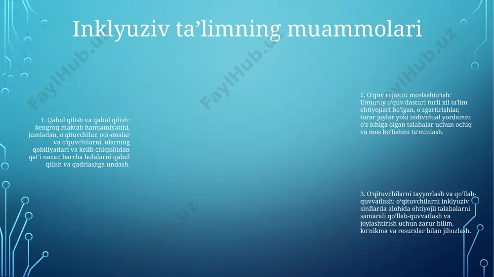 nogiron bolalarning huquq va imkoniyatlarini kengaytirish advokatlik va imkoniyatlarni kengaytirish alohida yordamga muhtoj bolalarning inklyuziv talimi loyihasining muhim jihati hisoblanadi. targ‘ibot orqali loyiha nogiron bolalar huquqlari va ularning inklyuziv ta’lim olish huquqi haqida xabardorlikni oshirishga qaratilgan oilalar va o'qituvchilarning imkoniyatlarini kengaytirish: inklyuziv ta'limda muhim rol loyiha oilalar va o'qituvchilarning muvaffaqiyatli inklyuzivlikni ta'minlashda muhim rol o'ynashini tan oladi. bu oilalarga o'z farzandlarining ehtiyojlarini himoya qilishda yordam berish uchun treninglar, resurslar va yordam beradi inklyuziv ta’limning kelajakdagi yo‘nalishlari kelajakdagi tadqiqotlar: imkoniyati cheklangan talabalar, ingliz tilini o'rganuvchilar va chekka guruhlardagi talabalar kabi turli xil talabalar populyatsiyasi uchun maxsus inklyuziv ta'lim modellari va amaliyotlarining samaradorligini o'rganing. o‘qituvchilar ta’limi va malakasini oshirish: o‘qituvchilarni inklyuziv amaliyotlarni samarali amalga oshirish va barcha o‘quvchilarning turli ehtiyojlarini qondiradigan inklyuziv ta’lim muhitini yaratishga tayyorlaydigan keng qamrovli o‘qituvchilar ta’lim dasturlarini ishlab chiqish va amalga oshirish. siyosat va advokatlik: inklyuziv taʼlim amaliyotini qoʻllab-quvvatlovchi siyosat va moliyalashtirish, masalan, maxsus taʼlim xizmatlarini moliyalashtirishni koʻpaytirish, …