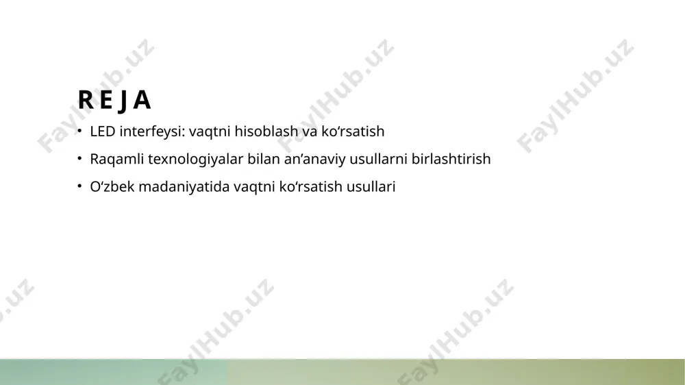 qligi va ba’zi foydalanuvchilar uchun murakkabliklar mavjud bo‘lib, bu vaqt ko‘rsatishni qiyinlashtirishi mumkin. raqamli va an’anaviy vaqt ko‘rsatish usullarining o‘zaro ta’siri. 01 raqamli texnologiyalar raqamli texnologiyalar zamonaviy vaqt ko‘rsatish usullarini taklif etadi, masalan, led interfeyslari yordamida aniq va tez vaqt ko‘rsatish imkonini beradi. 02 an’anaviy usullar an’anaviy vaqt ko‘rsatish usullari, masalan, qum soatlari va mexanik soatlar, tarixiy ahamiyatga ega bo‘lib, madaniyatimizni ifodalaydi va zamonaviy texnologiyalar bilan birlashadi. 03 o‘zaro ta’sir raqamli va an’anaviy usullar o‘rtasidagi o‘zaro ta’sir yangi innovatsiyalarni yaratadi, bu esa vaqtni hisoblash va ko‘rsatishda yangi yondashuvlarni keltirib chiqaradi. led interfeysi: an’anaviy vaqtni hisoblashda yangi yondashuvlar. 1 an’anaviy yondashuvlar an’anaviy vaqtni hisoblash usullari, masalan, quyosh soatlari va qum soatlari, led interfeysi bilan birlashtirilishi mumkin, bu esa zamonaviy qiyofa beradi. 2 led texnologiyasi led texnologiyasi yordamida an’anaviy vaqtni ko‘rsatish jarayonini yangilash mumkin, bu esa ko‘zni qamashtiruvchi va energiya tejovchi yechimlarni taqdim etadi. 3 integratsiya imkoniyatlari led interfeyslarini an’anaviy vaqt ko‘rsatish …