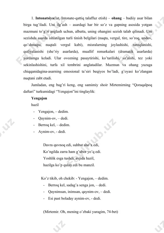 i-mohiyatini qayin va yenganing beg’ubor qalbini, qaroqalpoqano hazilning milliy poeziyasini ko’rsatadi. 2. ritorik (gr.rhetor-notiq) murojat (ritorik nido, ritorik xitob, ritorik g’azab, ritorik undov va h.) – poetik figuralardan biri bo’lib, unda personajlarning quvonch, hayrat, nafrat, iltimos, buyruq kabi yuzlab hissyotlarining ko’tarinki, tantanali, kulguli, kesatiqli, g’azabli (g’oyaning talabiga mos tarzdagi) ifodasidir. ayt, ey, xasta bulbulim, o’shga qachon yetamiz? yashil bog’lar sarg’ardi, mag’iz bo’ldi gujumlar. oh, voy, muncha yo’l og’ir bulbulm... abadiyat oralab o’shga qachon yetamiz? shavkat rahmon (1950-1996)ning o’lim to’shagida aytib turib yozdirgan ushbu so’nggi she’rida orziqish, sog’inish nidosi bo’rtib ko’zga tashlanadi, “xasta bulbul”ning abadiyat oralabgina o’shga yetishini – o’lmasligini jo’mardlik bilan ifoda eta olgan. bu shoir dahosining, inson ruhining – shavkat rahmon qismatining yaratuvchan qudratidir. 3. ritorik so’roq- “poetik fikrni so’roq shaklida tasdiqlash” (n.hotamov, b.sarimsoqov)dir, ya’ni so’roqning o’zida javob ham mujassamlashgan bo’ladi; faqat fikr yorqinlashib, terinlashib qirralarining ham oshkor etib – estetik ta’sirdorlikni yuzaga keltiradi. jumladan, “naxshon”(u.nosir)da, uning ashotni sevib …