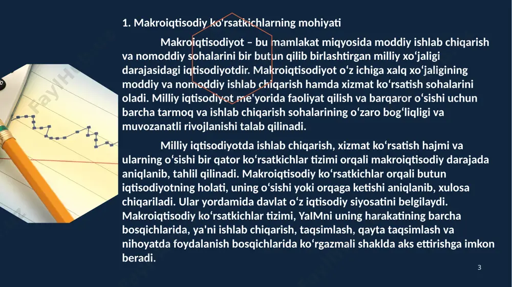 tizatsiya = sof ichki mahsulot. 3. sof ichki mahsulot – biznesga egr soliqilar = milliy daromad. 4. milliy daromad – ijtimoiy sug‘urtaga badallar = korporatsiya foydasiga soliqilar – korporatsiyaning taqsimlanmagan foydasi + transfer to‘lovlari = shaxsiy daromad. 5. shaxsiy daromad – yakka tartibdagi soliqilar = ixtiyoriy daromad. 6 6 2. makroiqtisodiyotda foydalaniladigan miqdor ko‘rsatkichlari asosiy makroiqtisodiy ko‘rsatkichlardan biri bu - yalpi ichki mahsulotdir. yalpi ichki mahsulot – bu muayyan davr mobaynida (bir yil) kim tomonidan yaratilishidan qat’iy nazar mamlakat hududida yaratilgan barcha yakuniy tovar va xizmatlarning bozor qiymatidir. yaim - bu biror-bir mamlakat xududida joylashgan korxona va tashkilotlarda ishlab chiqarilgan tovar va xizmatlarning umumiy yig‘indisidan iboratdir. yalpi ichki mahsulot 3 xil usul asosida aniqlanadi: 1. ishlab chiqarish usuli – bunda yalpi ichki mahsulot barcha qo‘shilgan qiymatlar yig‘indisi sifatida aniqlanadi. - yalpi ichki mahsulot = ∑ qq 7 7 2. xarajatlar usuli – bunda yakuniy iste’molchilarning xarajatlari yig‘indisi sifatida aniqlanadi. - …